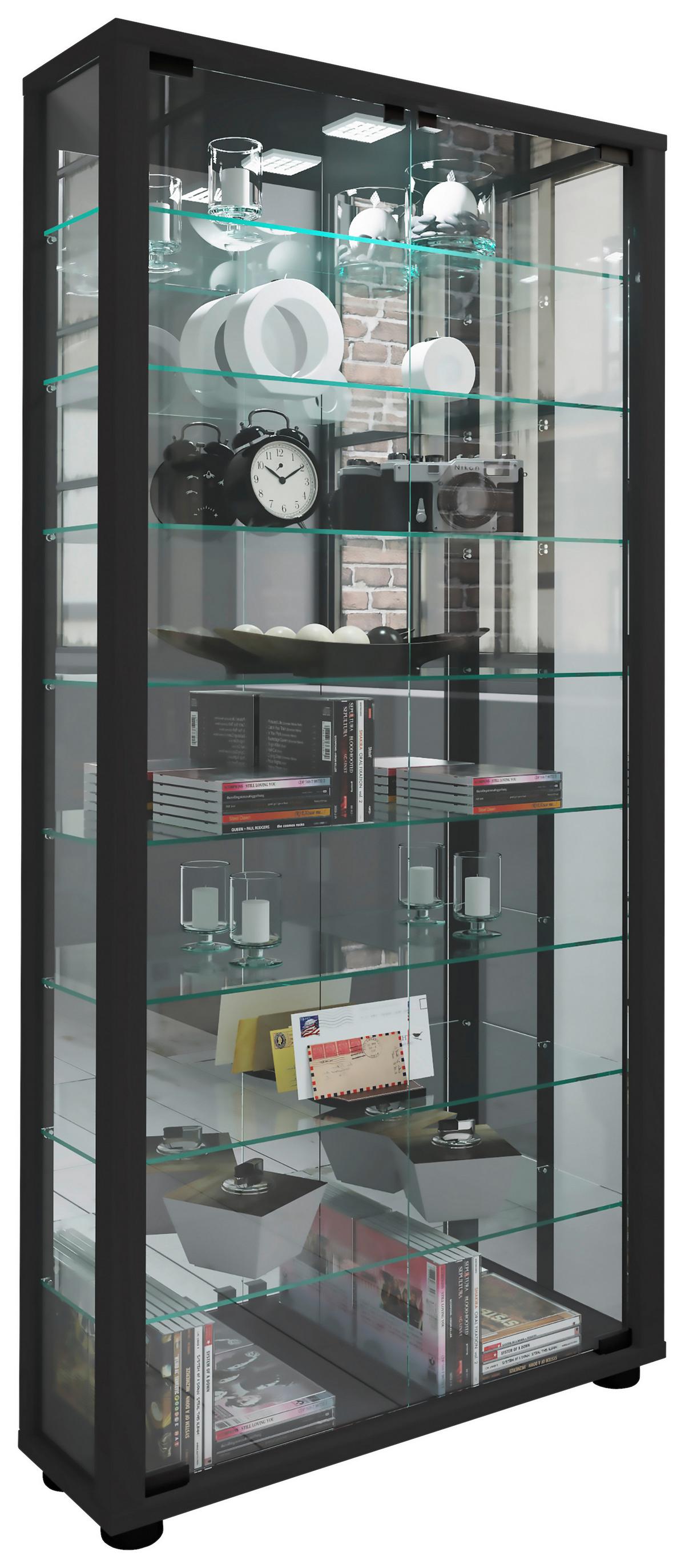 Vitrine Lumo mit LED ca. 59x115x18 cm Schwarz - Schwarz, MODERN, Glas/Holzwerkstoff (59/114,8/18cm) - MID.YOU