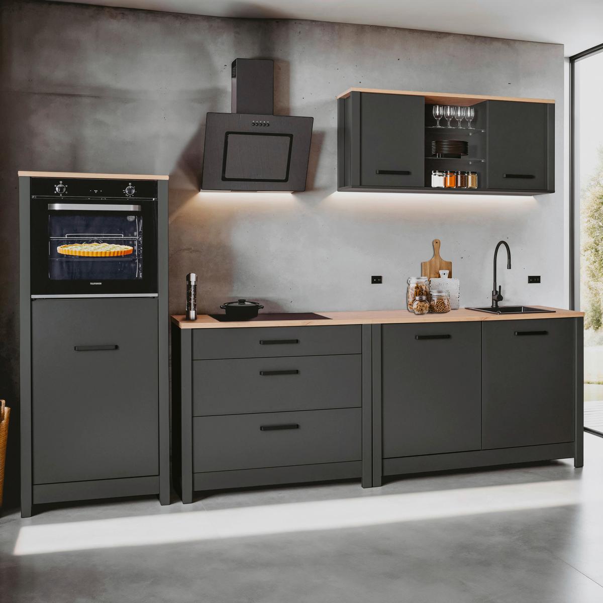 Küchenleerblock Bundle 4 o. Geräte Anthrazit - Anthrazit/Schwarz, MODERN, Glas/Holzwerkstoff (300cm) - home24