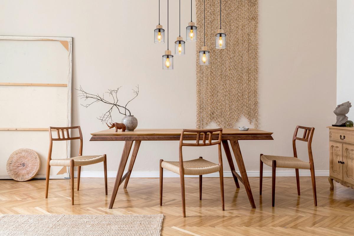 HÄNGELEUCHTE 15707-6H REID - Dunkelbraun/Schwarz, Design, Glas/Holz (62/18/120cm) - Globo