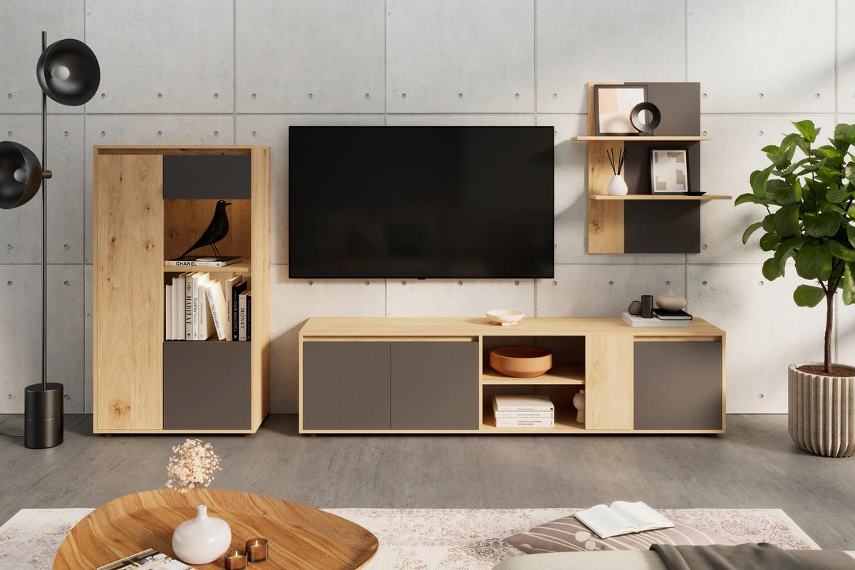 Ansamblu mobilier camera de zi CANEVA - stejar Artisan/antracit, Modern, sticlă/material pe bază de lemn (268/134/40,3cm) - Modern Living