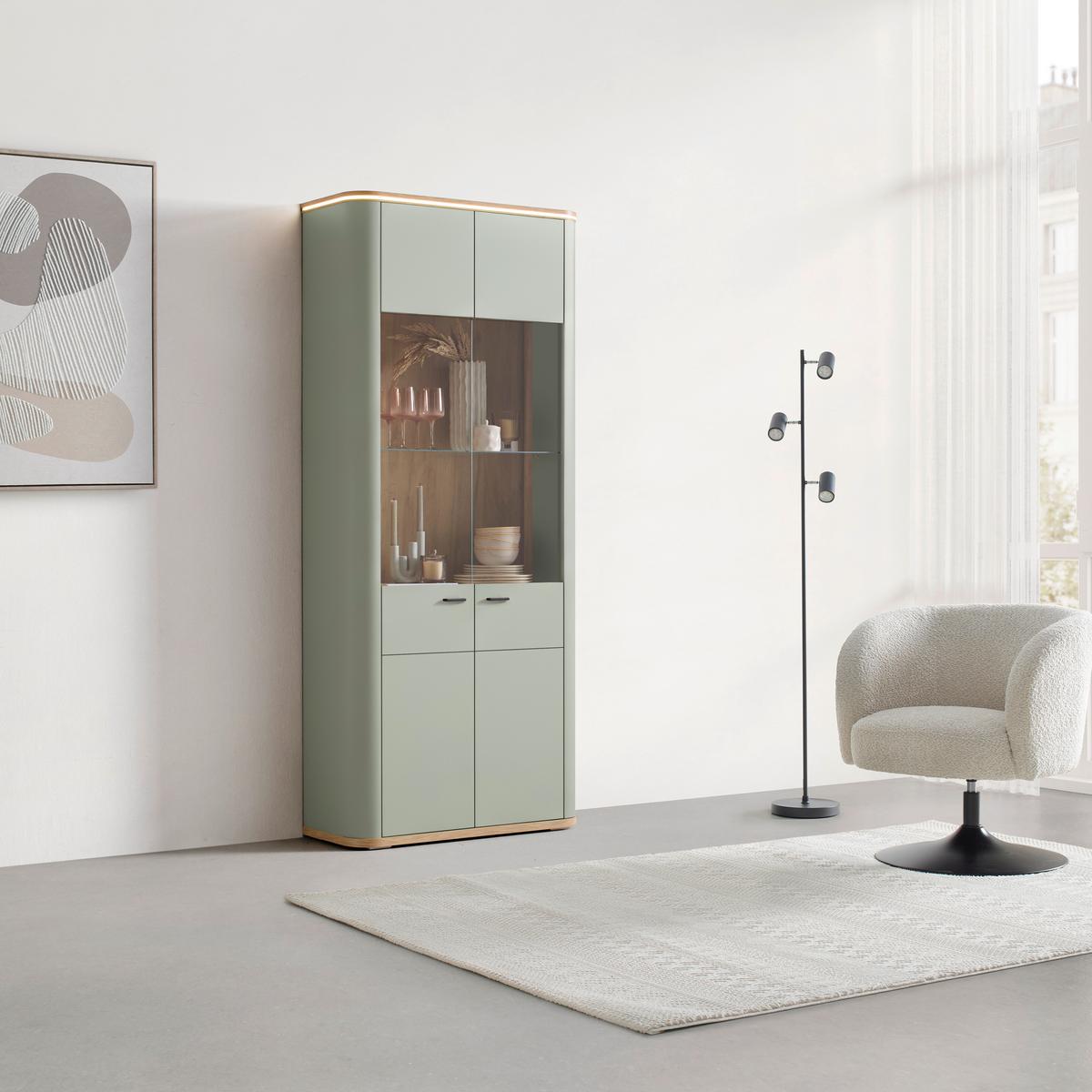 Vitrine Lagos Salbeigrün/Eiche Artisan - Salbeigrün/Anthrazit, Modern, Glas/Holzwerkstoff (89,2/209,5/37,5cm) - Premium Living