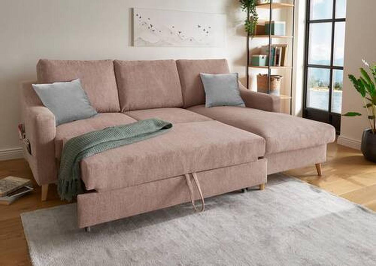 Wohnlandschaft Valentina Dunkelrosa Mikrofaser - Dunkelrosa/Naturfarben, Design, Holz/Textil (228/150cm) - MID.YOU