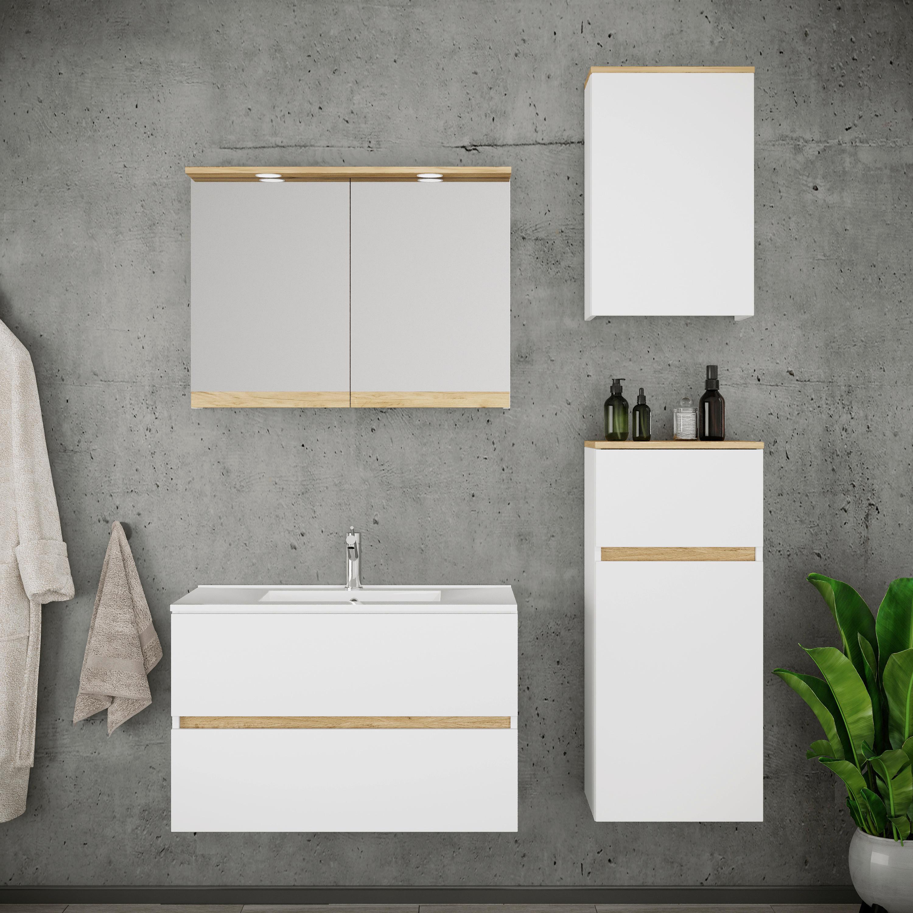 Badezimmer Cosila - Honigeiche/Weiss, Trend, Keramik/Holzwerkstoff (121cm) - MID.YOU