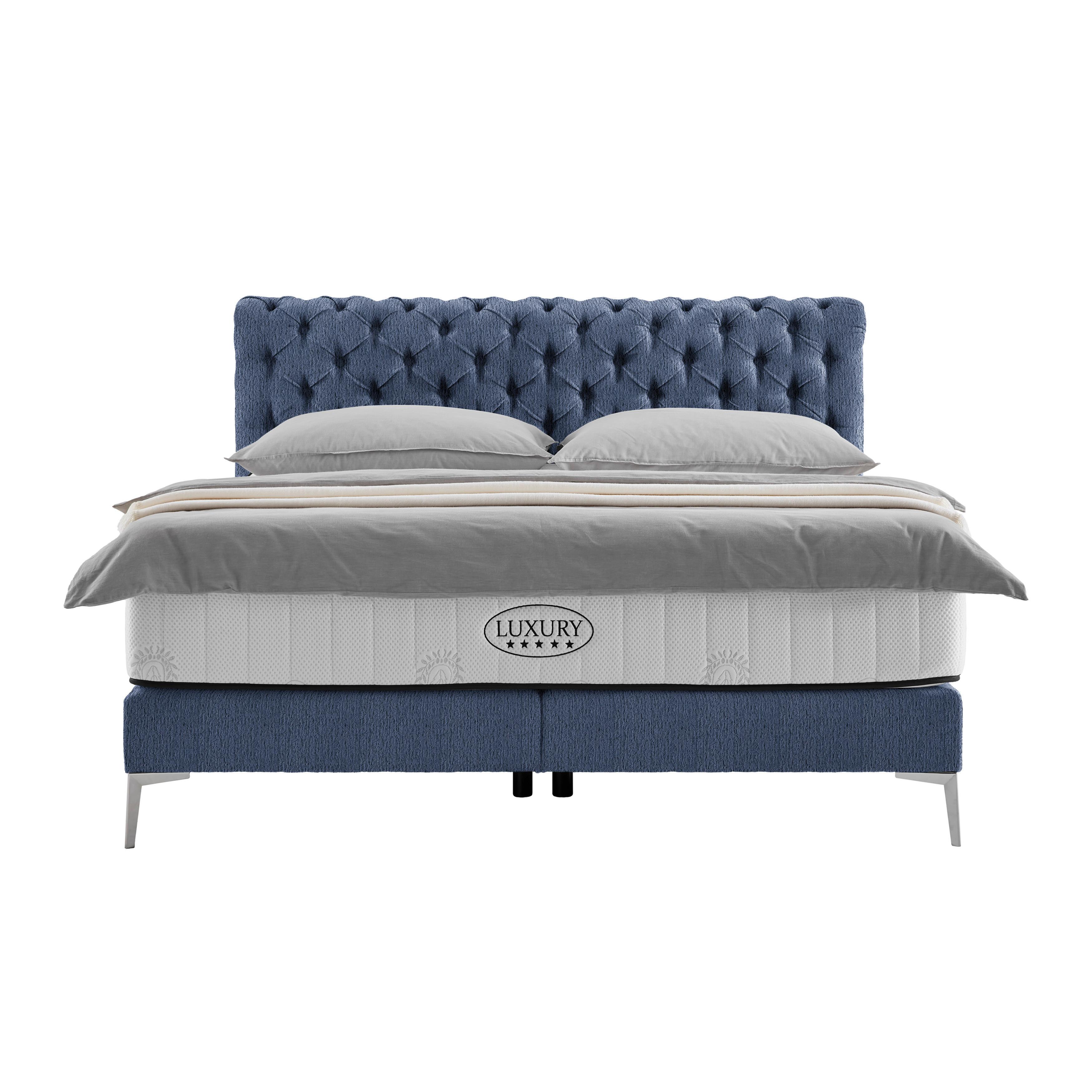Boxspringbett Queen in Dunkelblau ca. 160x200cm - Chromfarben/Goldfarben, KONVENTIONELL, Textil (160/200cm) - Premium Living