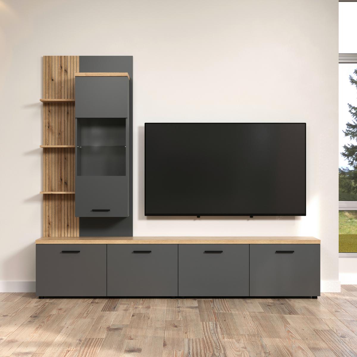 WOHNWAND BAGGIO - Eichefarben/Anthrazit, Design, Glas/Holzwerkstoff (240/212/40cm) - MID.YOU