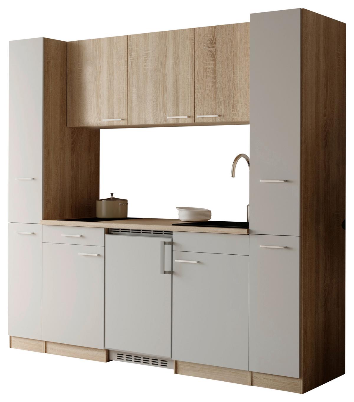 Küchenblock Ingrid m. Geräten Weiß - Eichefarben/Alufarben, Design, Holzwerkstoff/Kunststoff (210cm) - Respekta