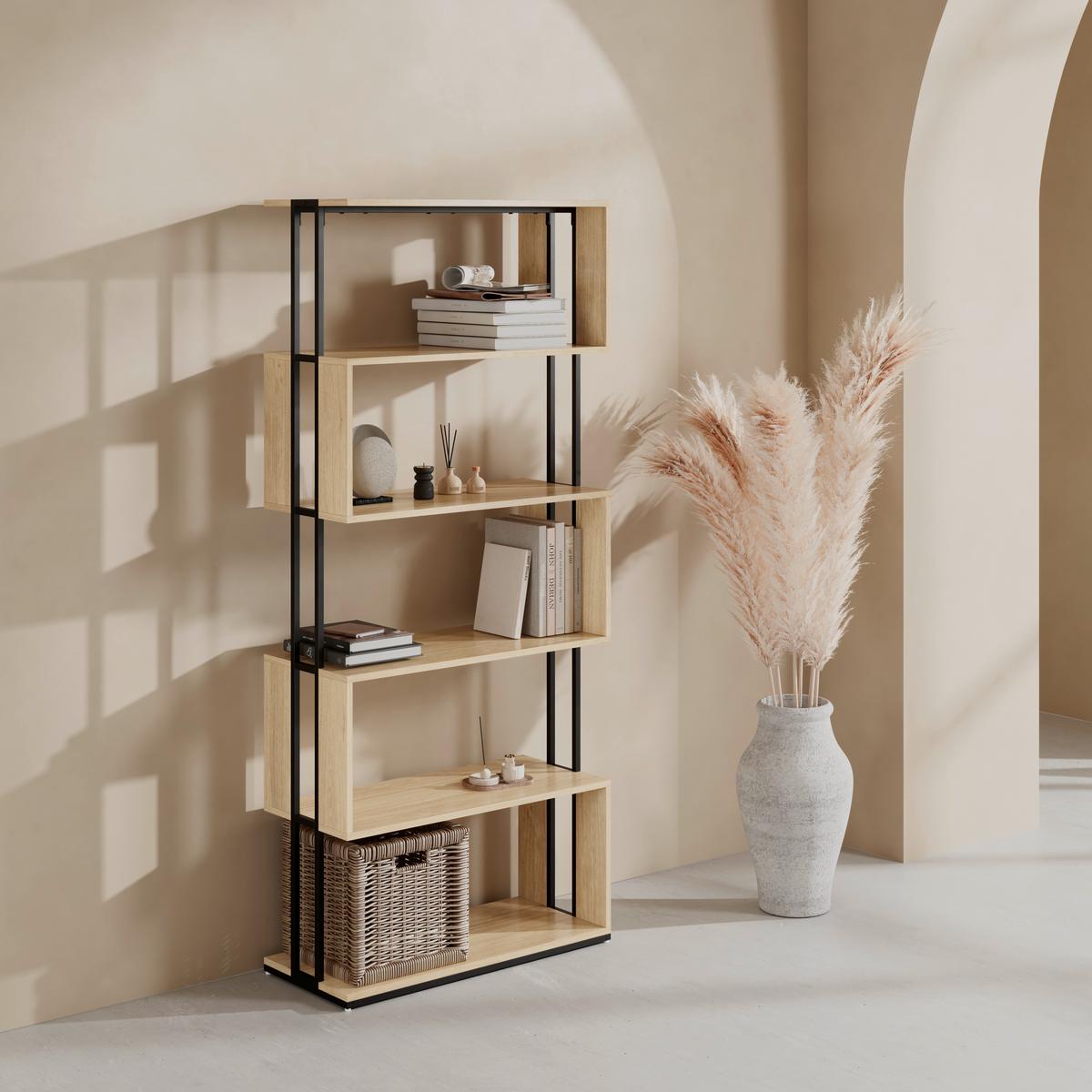 Regal Finn Eiche/Schwarz - Eichefarben/Schwarz, MODERN, Holzwerkstoff/Metall (80/185/35cm) - Bessagi Home