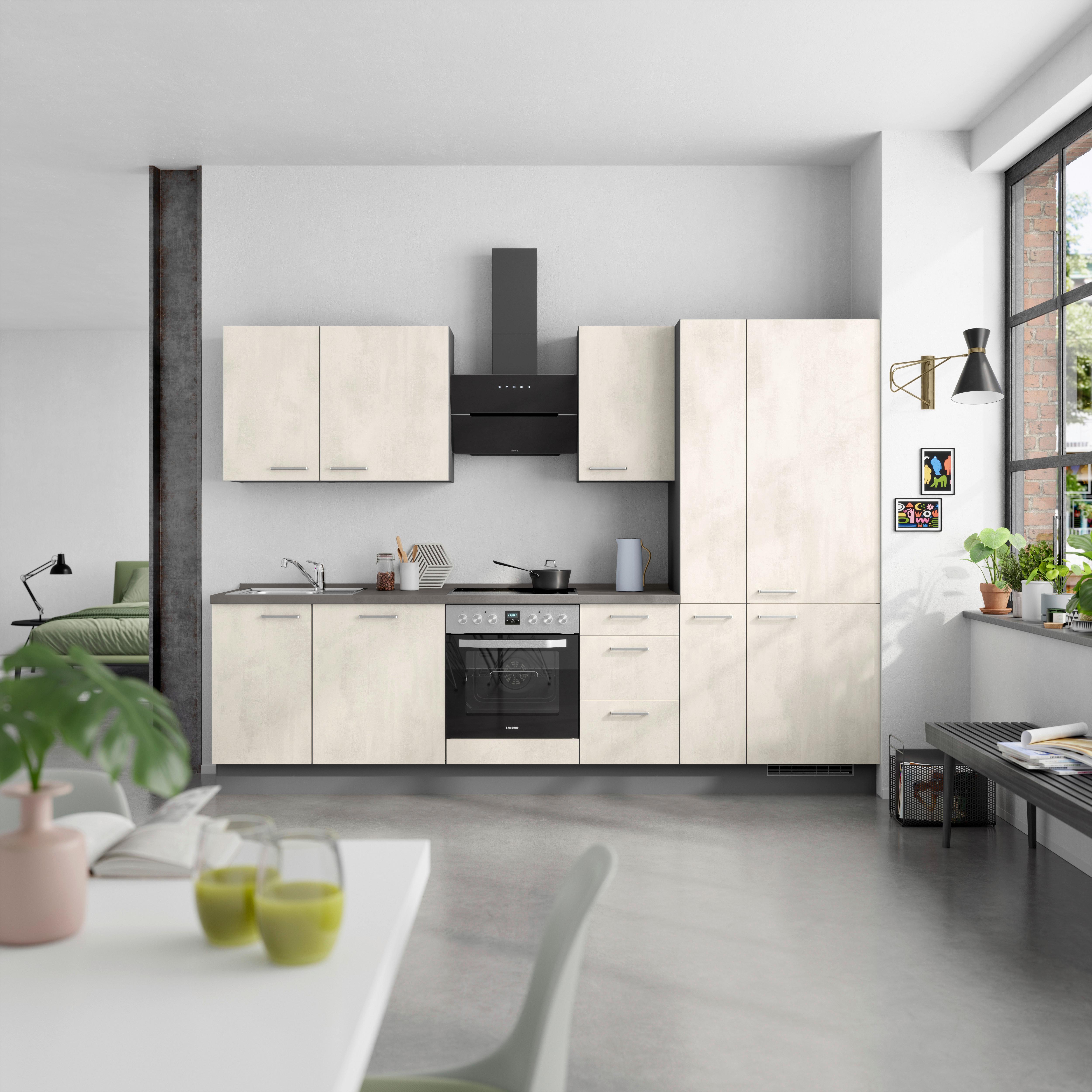 Küchenblock Riva High m. Geräten Weiß - Schieferfarben/Edelstahlfarben, MODERN, Holzwerkstoff/Metall (300cm) - Nobilia