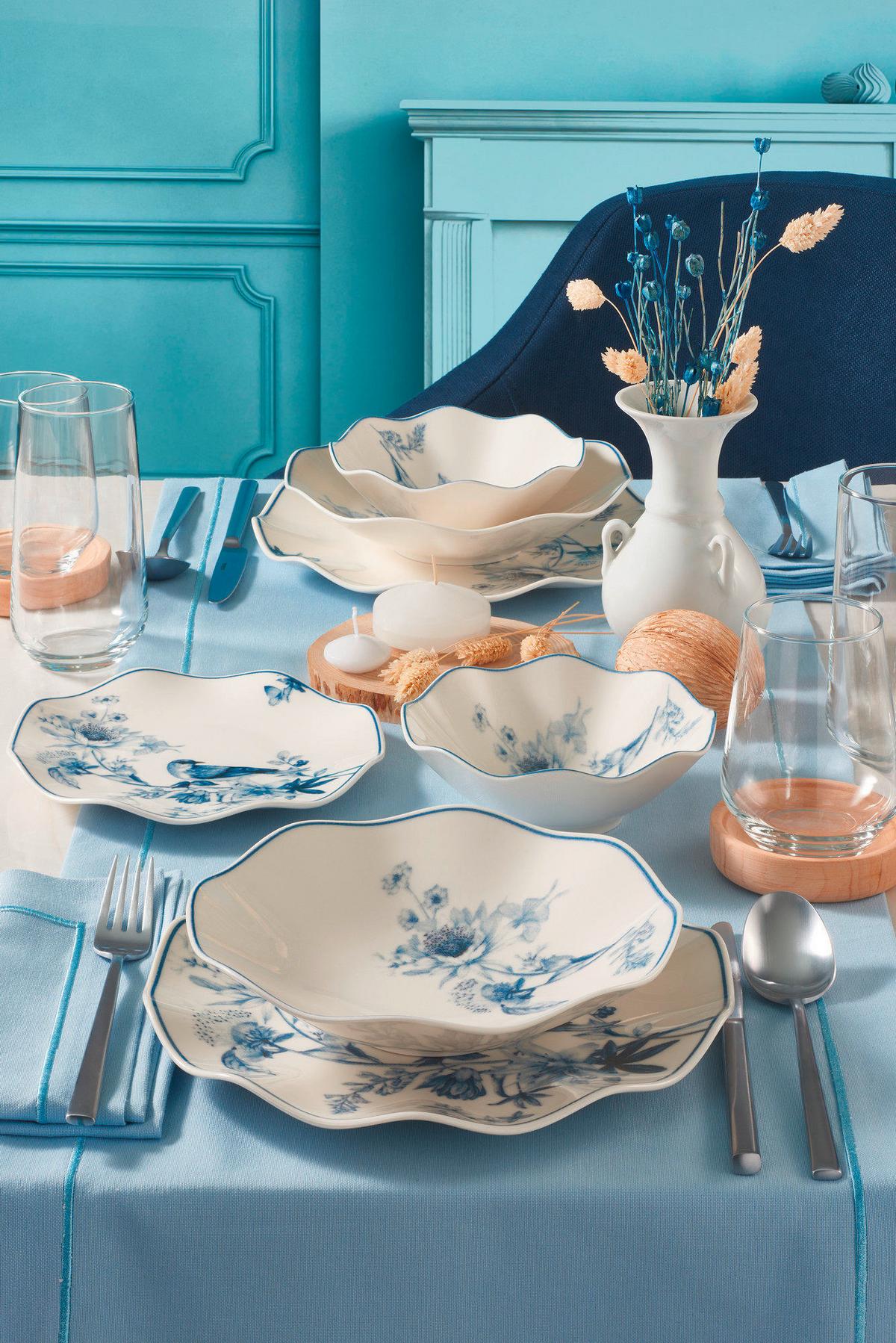 SERWIS OBIADOWO-ŚNIADANIOWY GBSNES24Y4E1891 - niebieski/biały, Basics, ceramika (25cm) - P & B