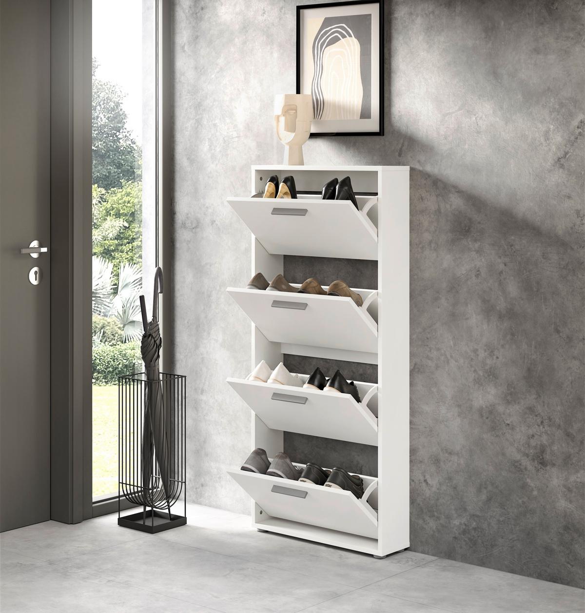 SZAFKA UCHYLNA NA BUTY SAM - kolor srebrny/biały, Design, materiał drewnopochodny/tworzywo sztuczne (59/136/17cm) - Carryhome