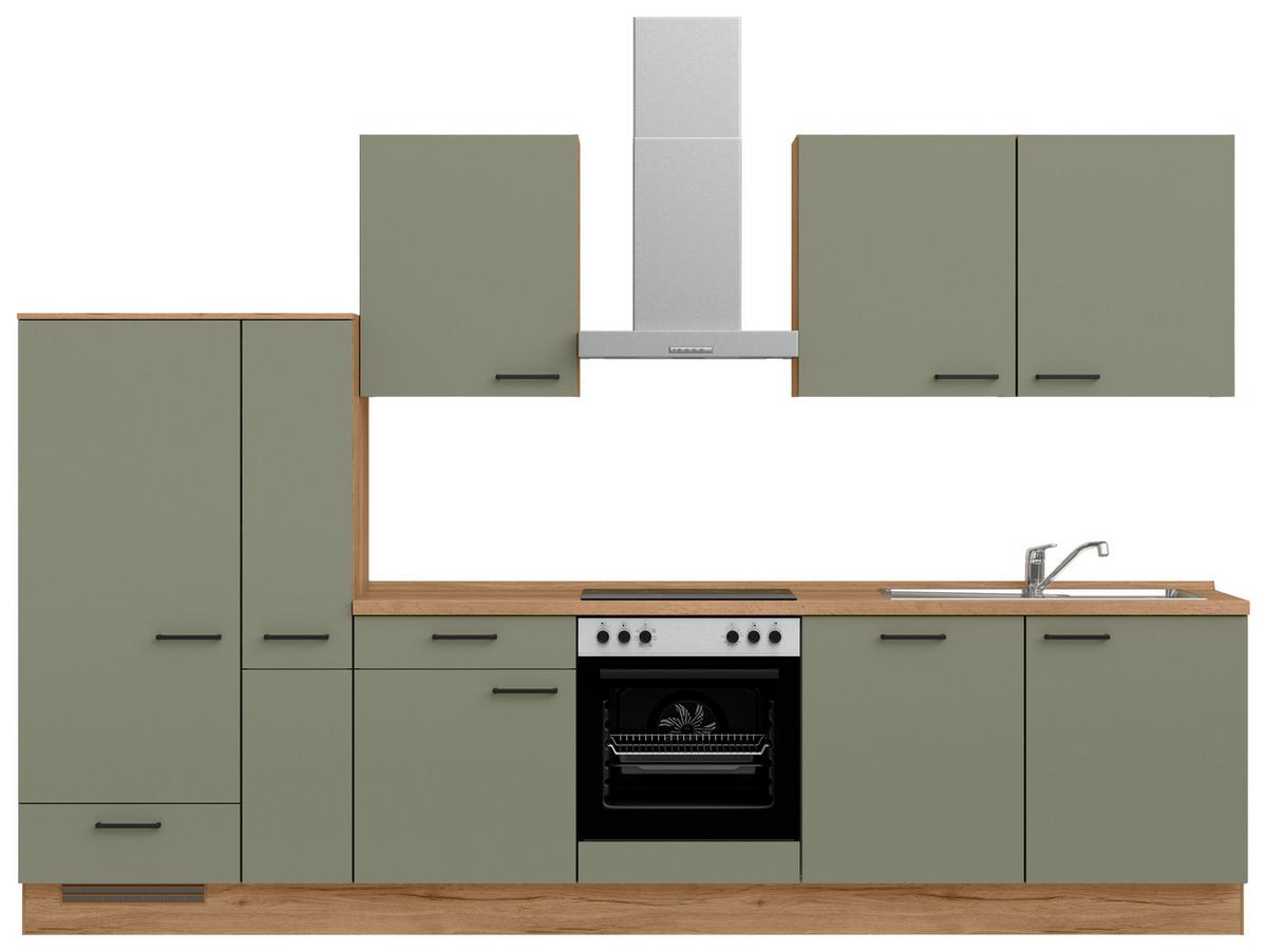Küchenleerblock Senso Low o. Geräte Olivgrün - Eichefarben/Schwarz, MODERN, Holzwerkstoff/Metall (330cm) - Nobilia