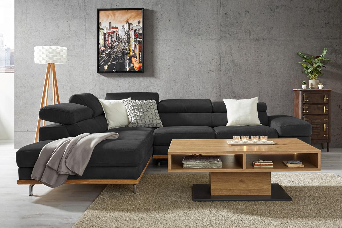 Wohnlandschaft Carmen in Schwarz mit Bettfunktion - Chromfarben/Schwarz, KONVENTIONELL, Holz/Textil (226/93/292cm) - Based