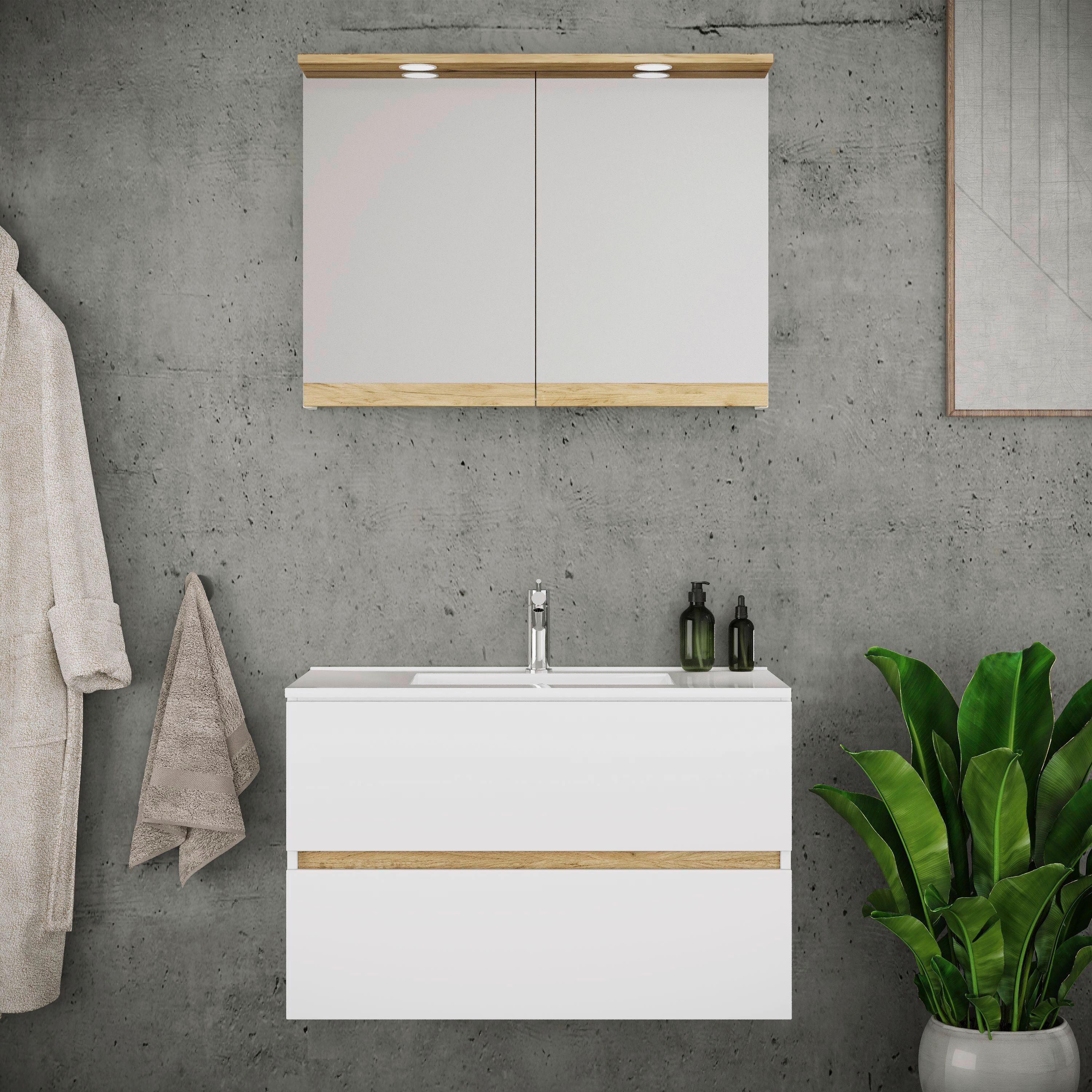 Badezimmer Cosila - Honigeiche/Weiss, Trend, Keramik/Holzwerkstoff (81cm) - MID.YOU
