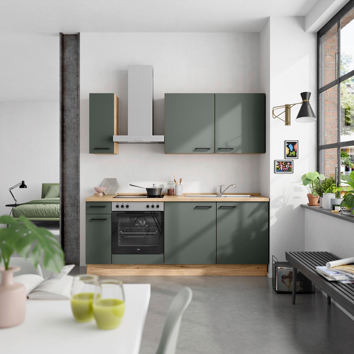 Küchenblock Easytouch m. Geräten Dunkelgrün - Dunkelgrün/Eichefarben, MODERN, Holzwerkstoff/Metall (210cm) - Nobilia