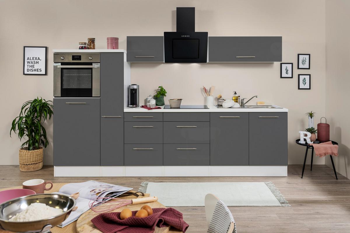 Küchenzeile mit Geräte Grau Hochglanz/Weiß B: ca. 300 cm - Edelstahlfarben/Weiß, KONVENTIONELL, Holzwerkstoff/Metall (300cm) - Respekta