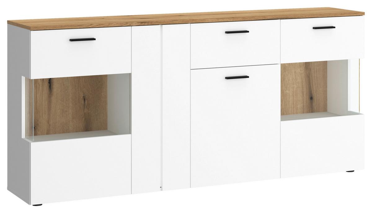 Comodă cu uși DALANO - alb/culoare lemn stejar, Trend, sticlă/material pe bază de lemn (173,5/83,4/42cm) - Modern Living