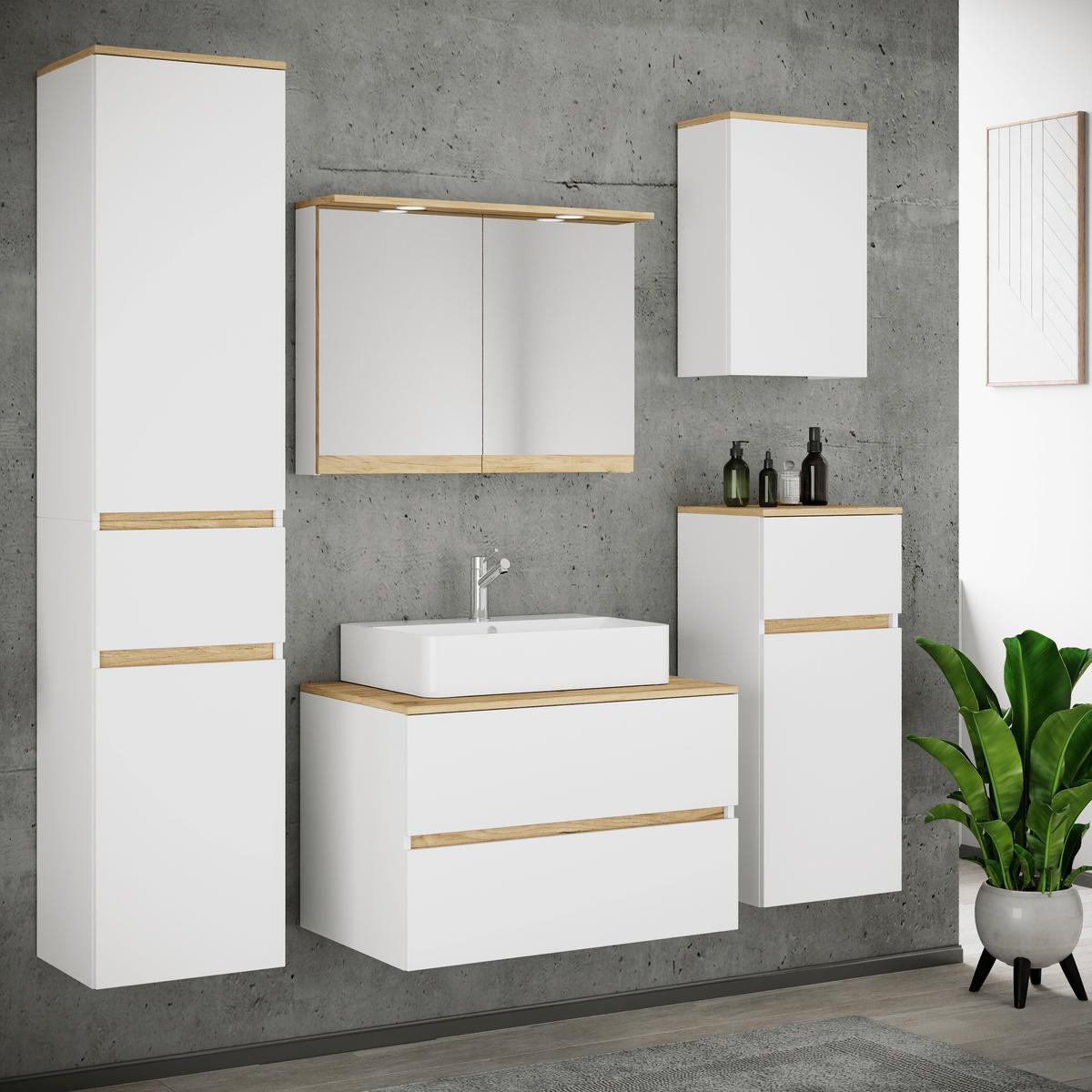 Badezimmer Cosila - Honigeiche/Weiss, Trend, Keramik/Holzwerkstoff (160cm) - MID.YOU