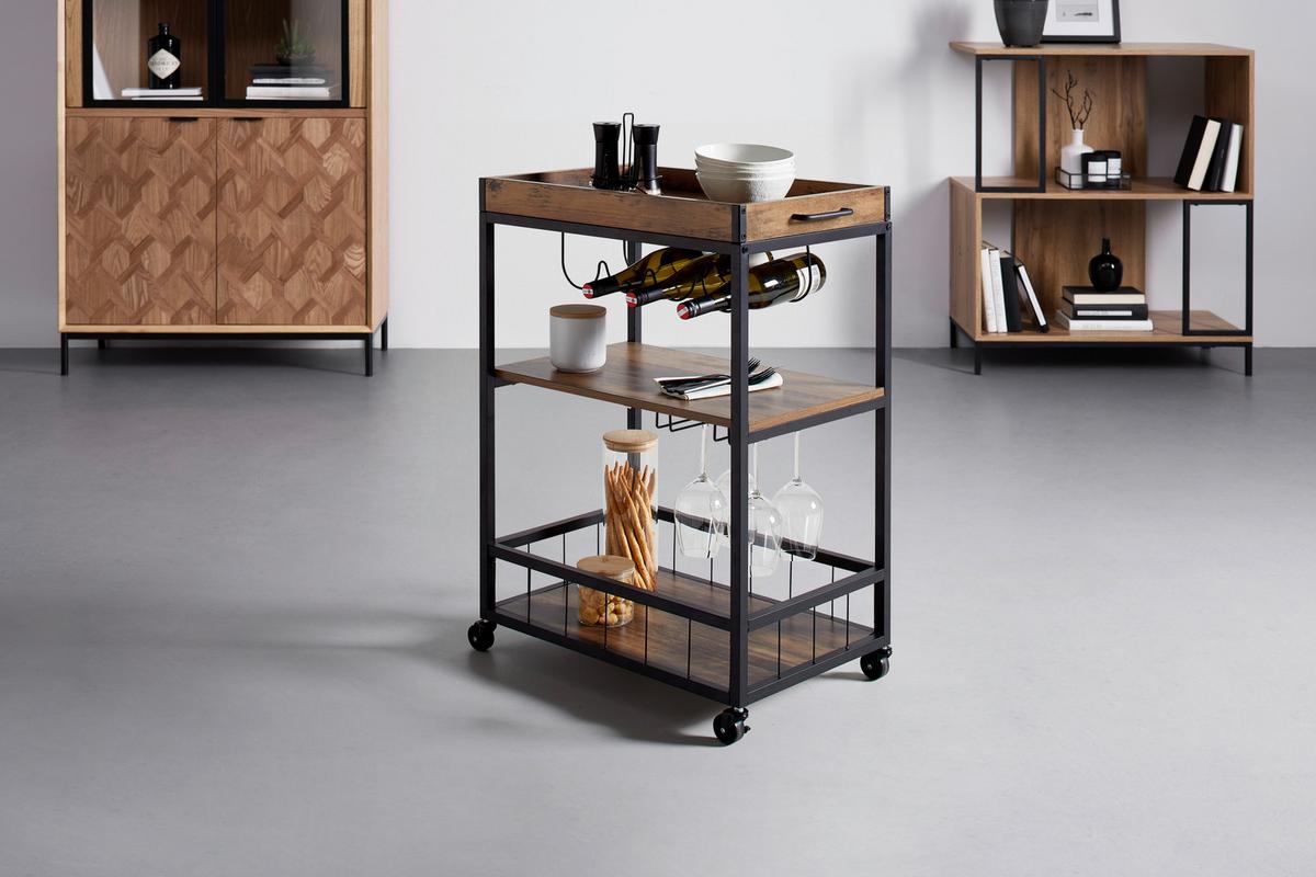 Servierwagen Madras Naturfarben/Schwarz - Schwarz/Naturfarben, MODERN, Holzwerkstoff/Kunststoff (67/88/39,5cm) - Mömax