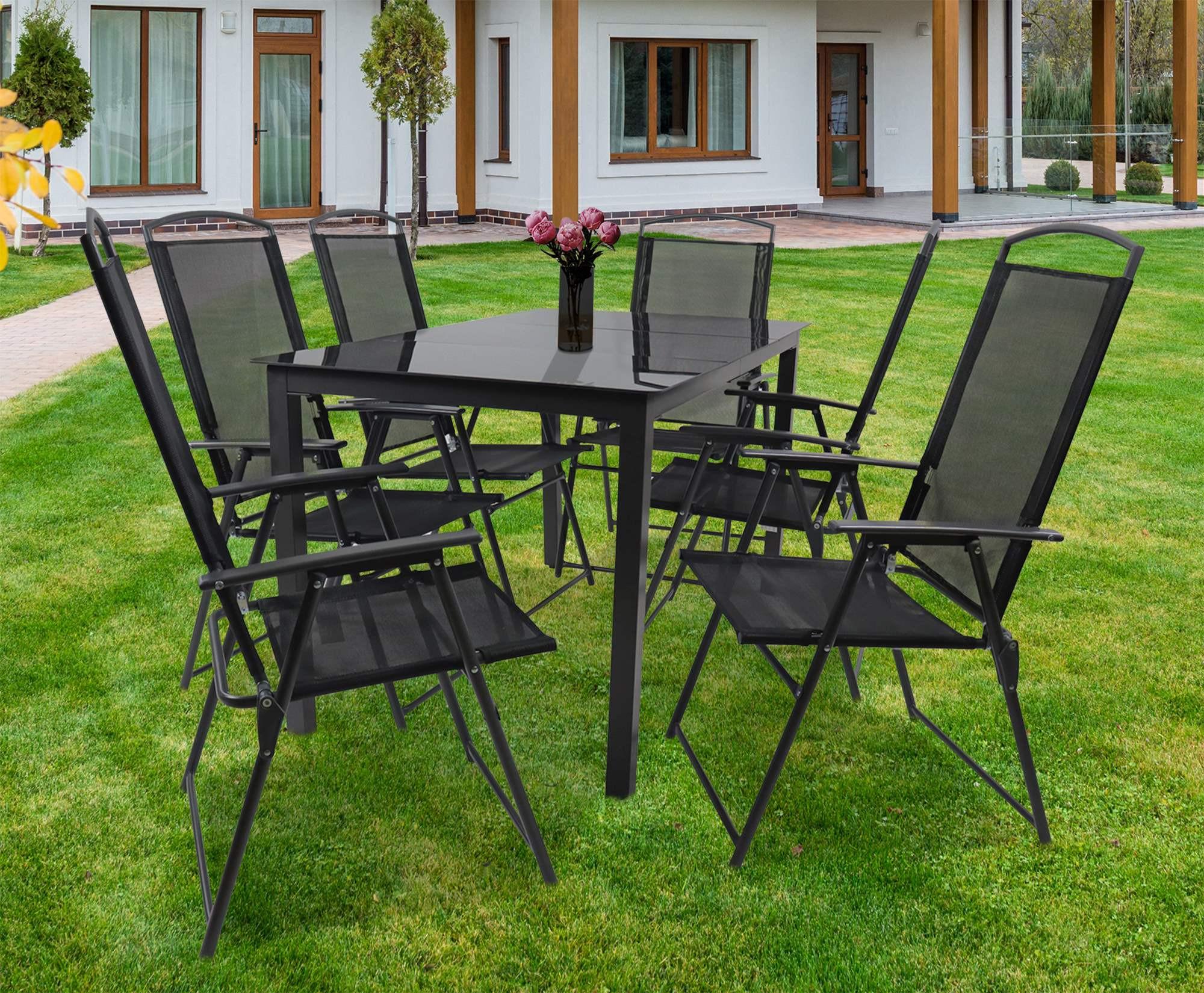 Gartentischgruppe Schwarz 7-teilig - Anthrazit/Schwarz, Basics, Glas/Textil - Gardenson