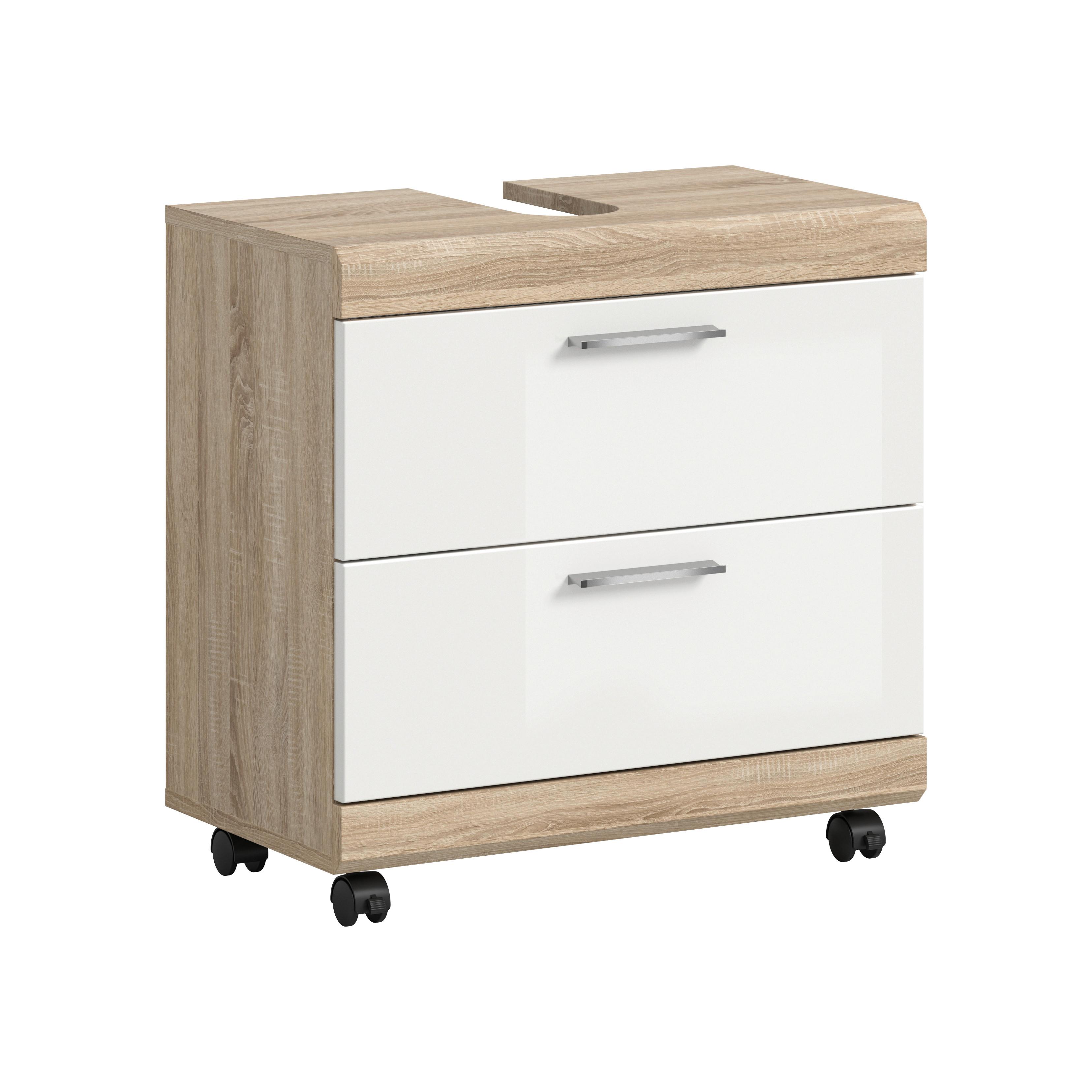 Waschbeckenunterschrank Lambada Weiß HB/Sonoma Eiche - Weiß Hochglanz/Silberfarben, Trend, Holzwerkstoff/Kunststoff (60/60/34cm) - MID.YOU