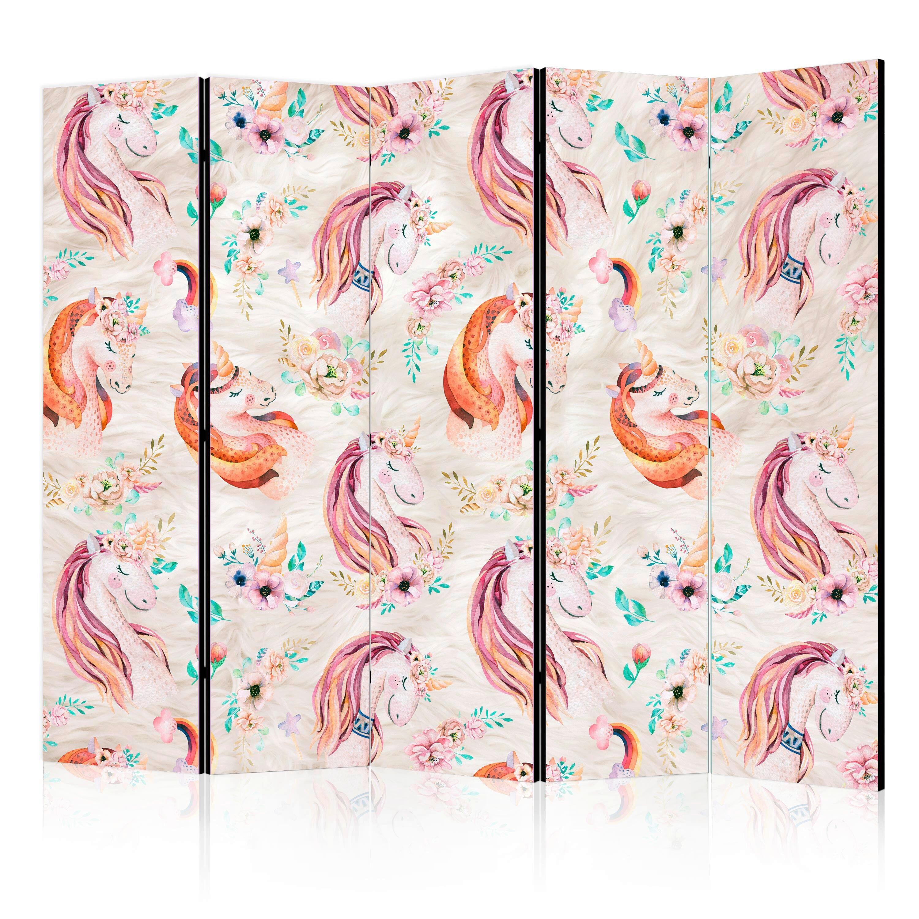 Paravan Pastel Unicorns I, 5-Delni, Dvostranski - večbarvno, Basics, tekstil/les (225/172/3cm) - artgeist