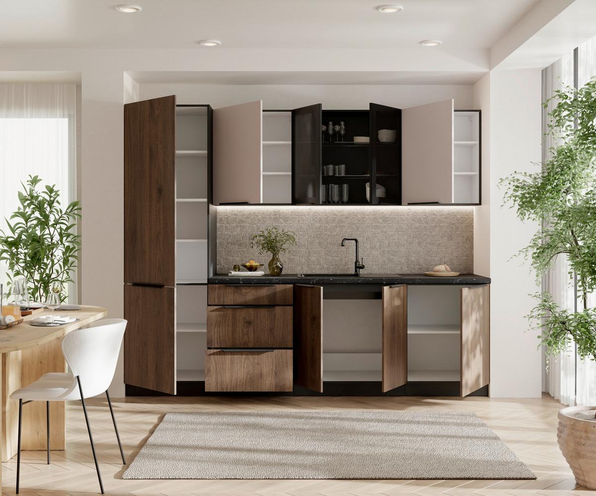 Blok Kuhinja Monza/arona - kašmir/boja orahovog drveta, Moderno, staklo/metal (260/210/60cm) - Modern Living