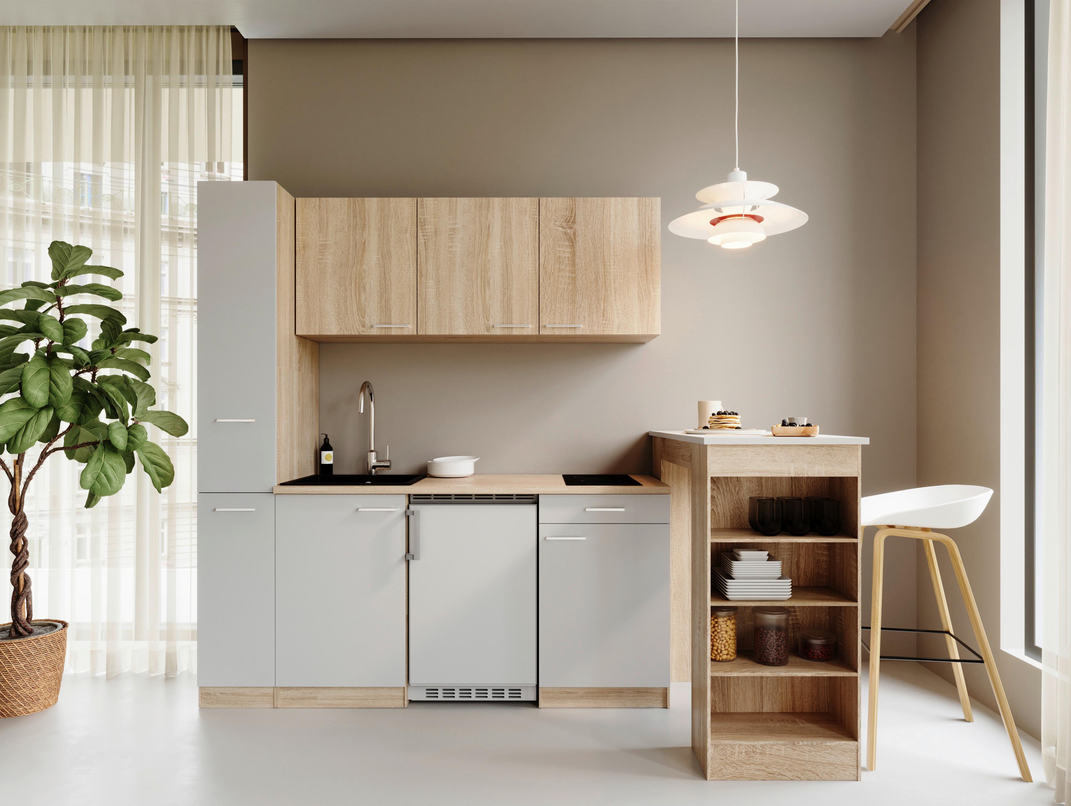 Küchenblock Ingrid m. Geräten Weiß - Eichefarben/Alufarben, Design, Holzwerkstoff/Kunststoff (180cm) - Respekta