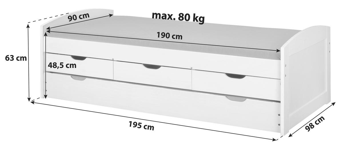 Ausziehbett Ulli ca. 90x190 cm Weiß - Braun/Naturfarben, MODERN, Holz/Holzwerkstoff (90/190cm) - MID.YOU