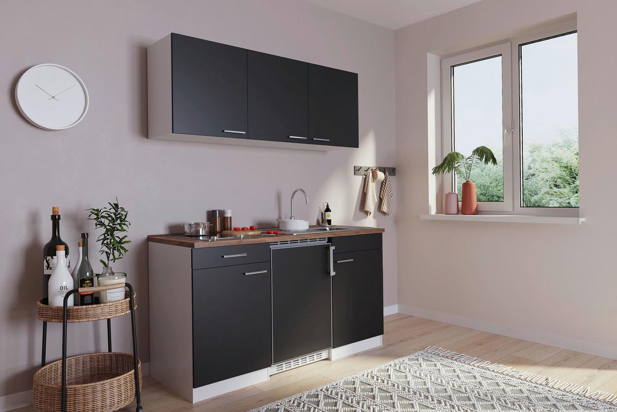 Miniküche Economy m. Geräten Schwarz/Nussbaum B: ca. 150 cm - Edelstahlfarben/Nussbaumfarben, Basics, Holzwerkstoff/Kunststoff (150cm) - Respekta