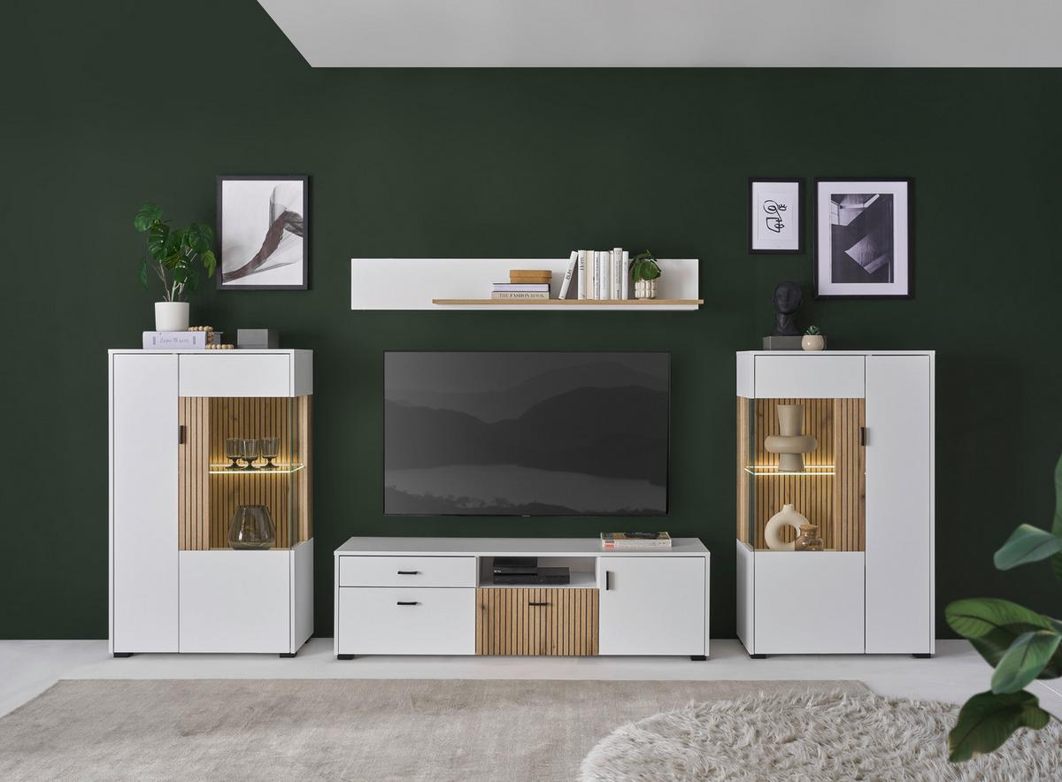 Wohnwand Hudson Weiß/Eichefarben - Eichefarben/Schwarz, Design, Glas/Holzwerkstoff (320/180/42cm) - MID.YOU