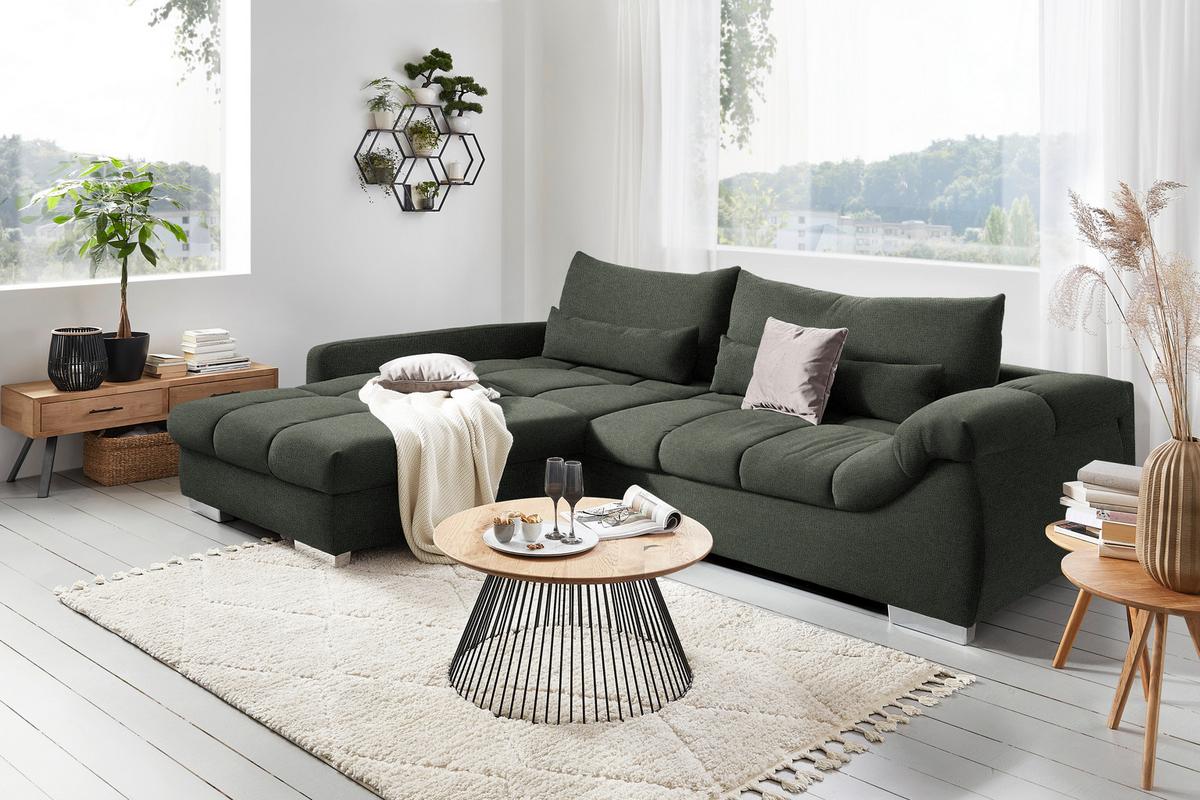 Wohnlandschaft Waikiki Grün - Chromfarben/Schwarz, KONVENTIONELL, Kunststoff/Textil (337/69/228cm) - Mömax