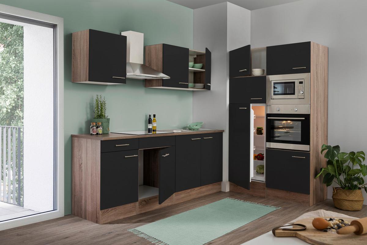 Küchenzeile mit Geräten Eiche farben/Schwarz B: ca. 330 cm - Edelstahlfarben/Eichefarben, Design, Holzwerkstoff/Metall (330cm) - Respekta