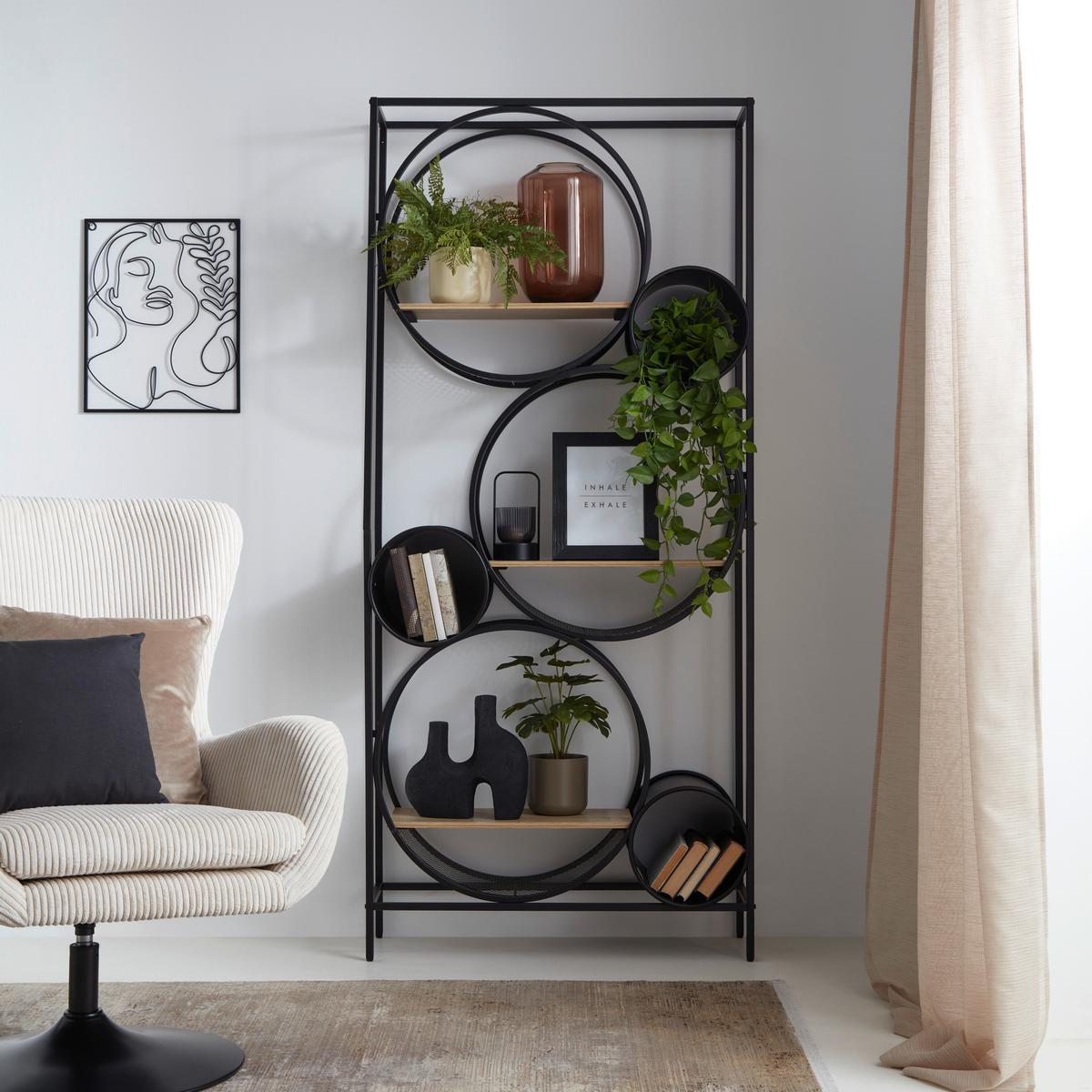 Regal Circle Naturfarben/Schwarz aus Metall - Schwarz/Naturfarben, MODERN, Holzwerkstoff/Metall (84/186/30cm) - Premium Living