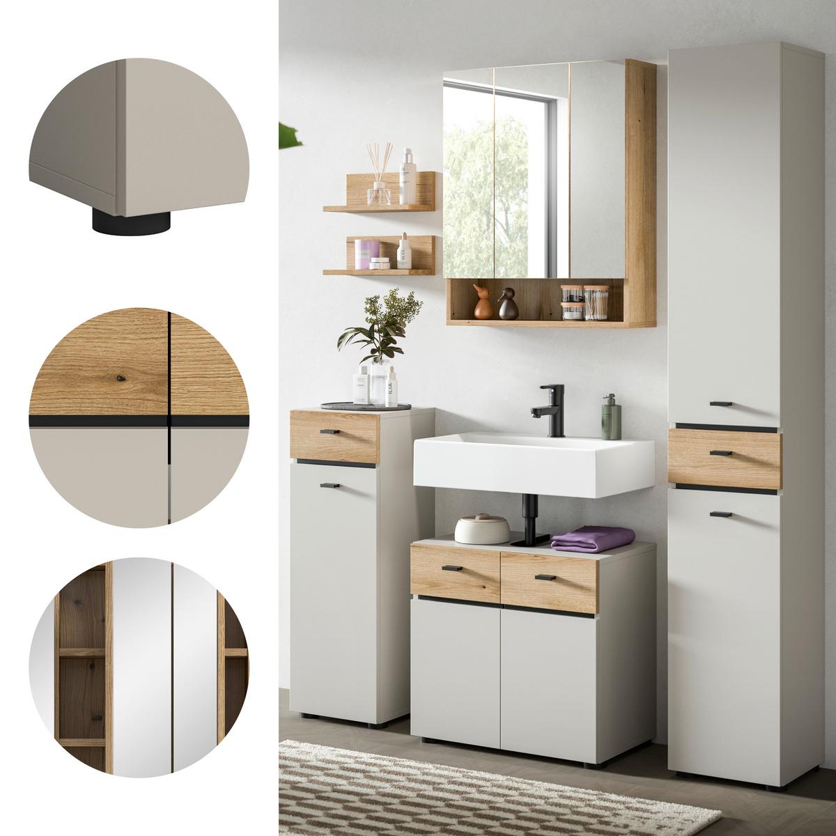 Badezimmer Aqua Eichefarben/Kaschmir 5-teilig - Kaschmir/Eichefarben, Trend, Glas/Holzwerkstoff (124cm) - MID.YOU