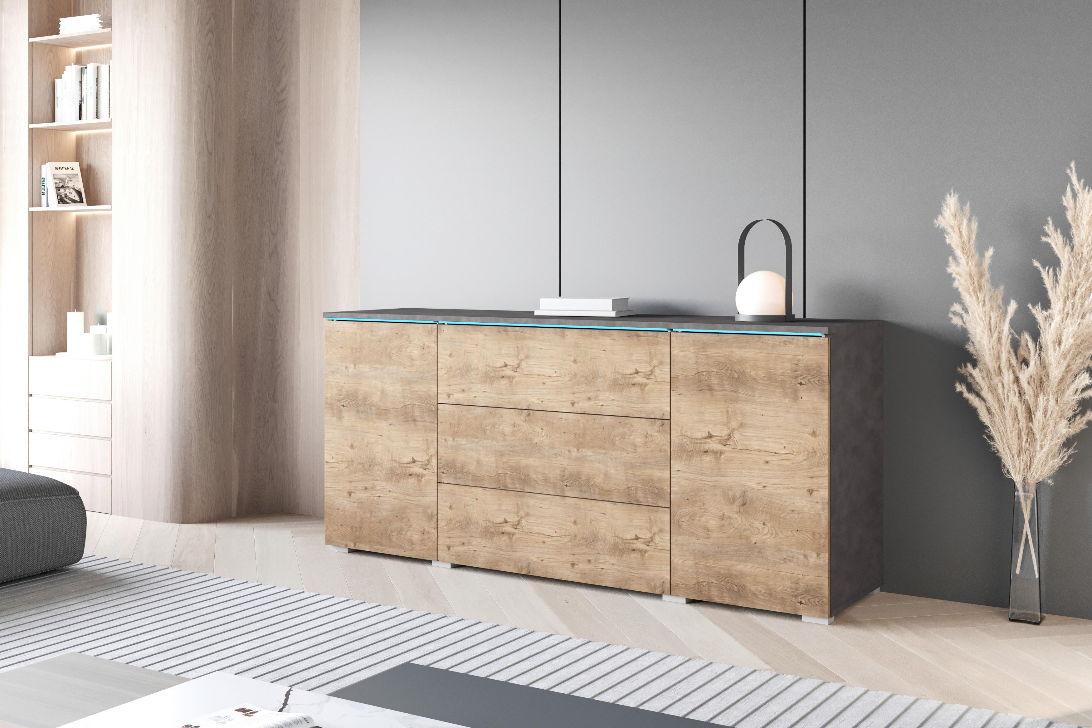 Komoda Vera, Antracit, Barva Kostanja, Z Osvetlitvijo - siva/barva kostanjevega hrasta, Trend, umetna masa/leseni material (150/67,9/39,5cm) - P & B