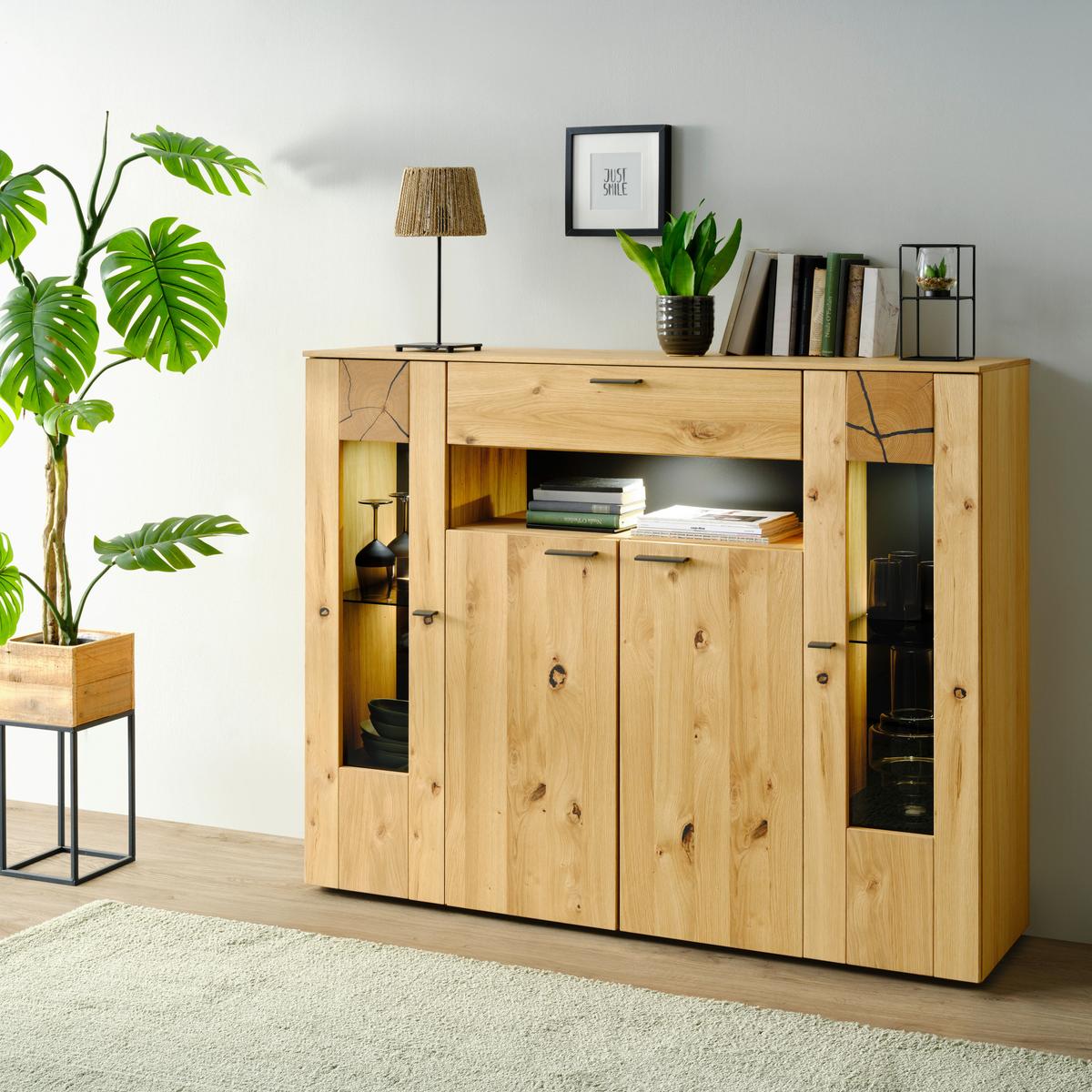 Highboard in Eichefarben - Eichefarben/Schwarz, Modern, Glas/Holzwerkstoff (154/130/41cm) - Premium Living