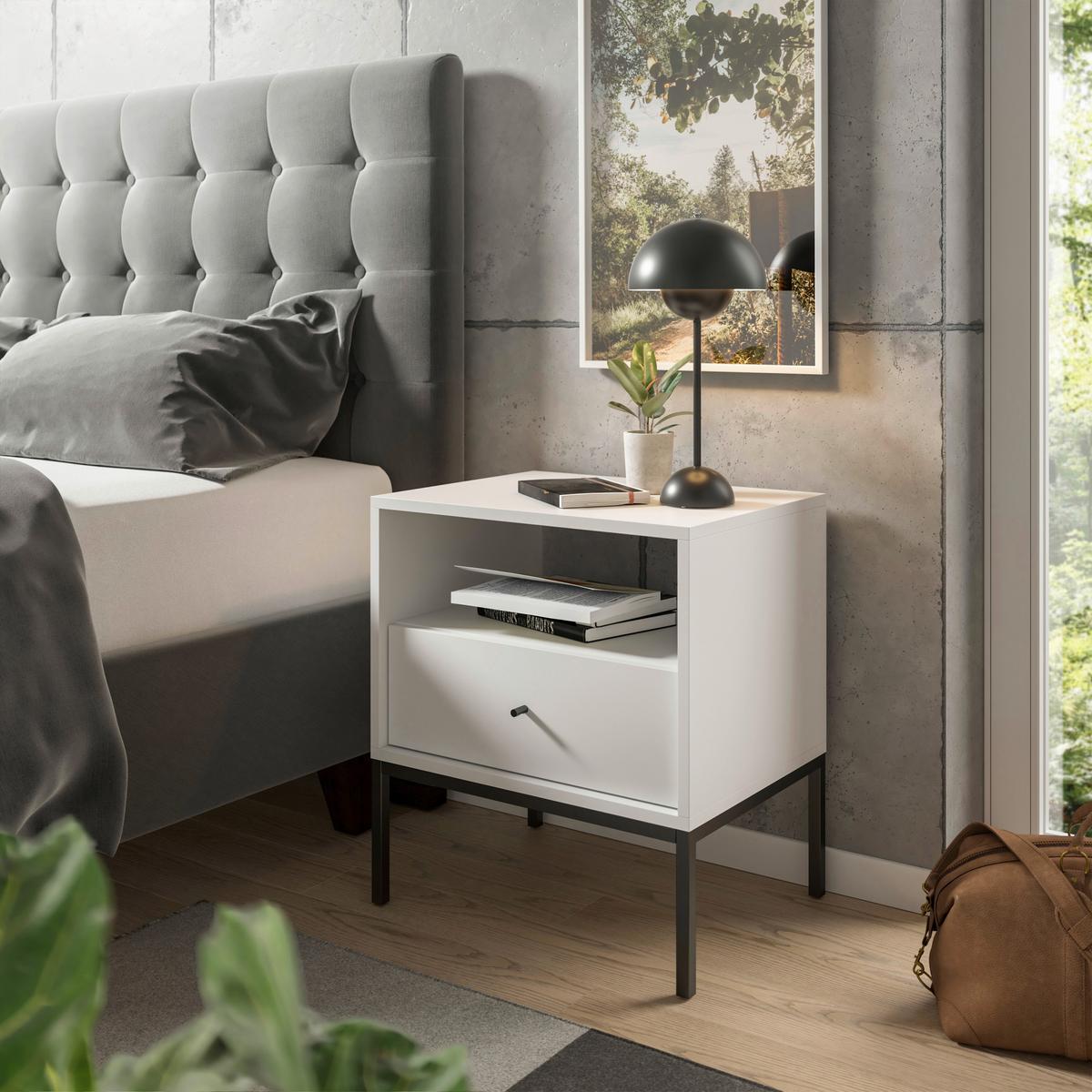 SZAFKA NOCNA INES - czarny/biały, Modern, materiał drewnopochodny/metal (54/56/39cm) - MID.YOU