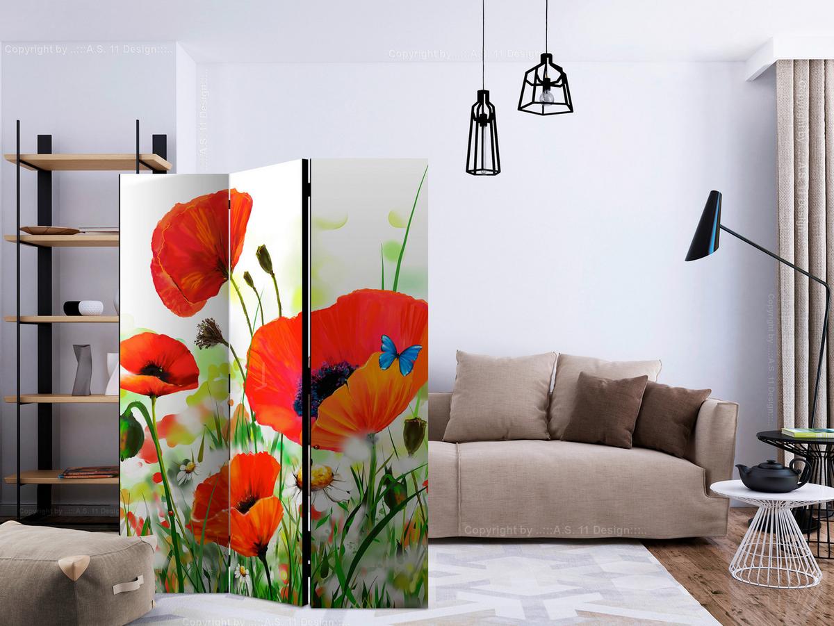 Paravan Country Poppies, Dvostranski, 3-Delni - rdeča/zelena, Basics, tekstil/les (135/172/3cm) - artgeist