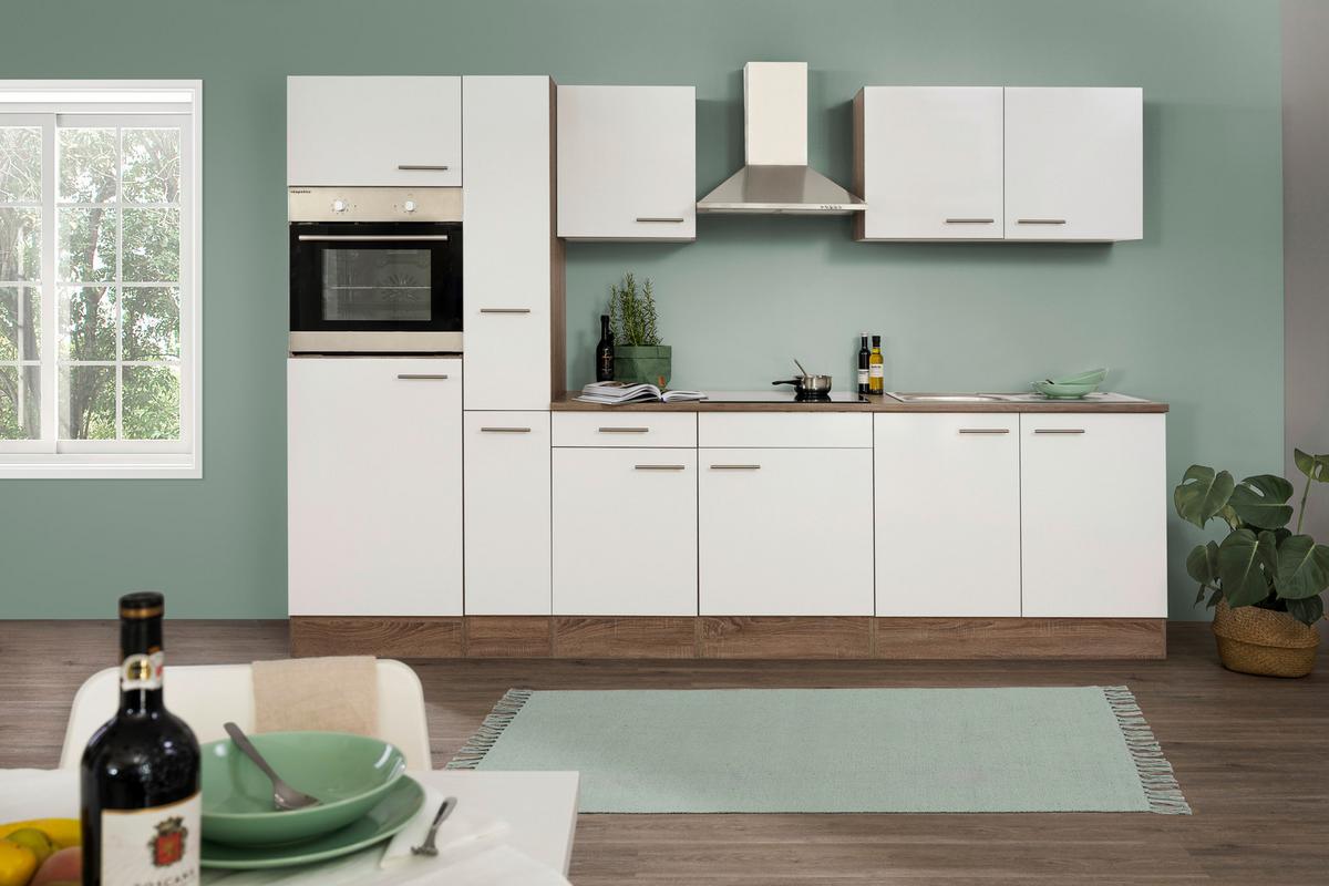Küchenzeile Economy o. Geräte Weiß/Eiche B: ca. 300 cm - Eichefarben/Silberfarben, Basics, Holzwerkstoff/Metall (300/205/60cm) - Respekta