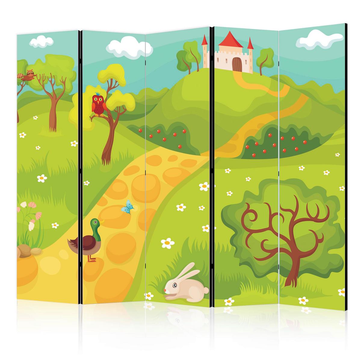 Paravan A Path To A Magical Castle, 5-Delni, Dvostranski - rumena/svetlo zelena, Basics, tekstil/les (225/172/3cm) - artgeist