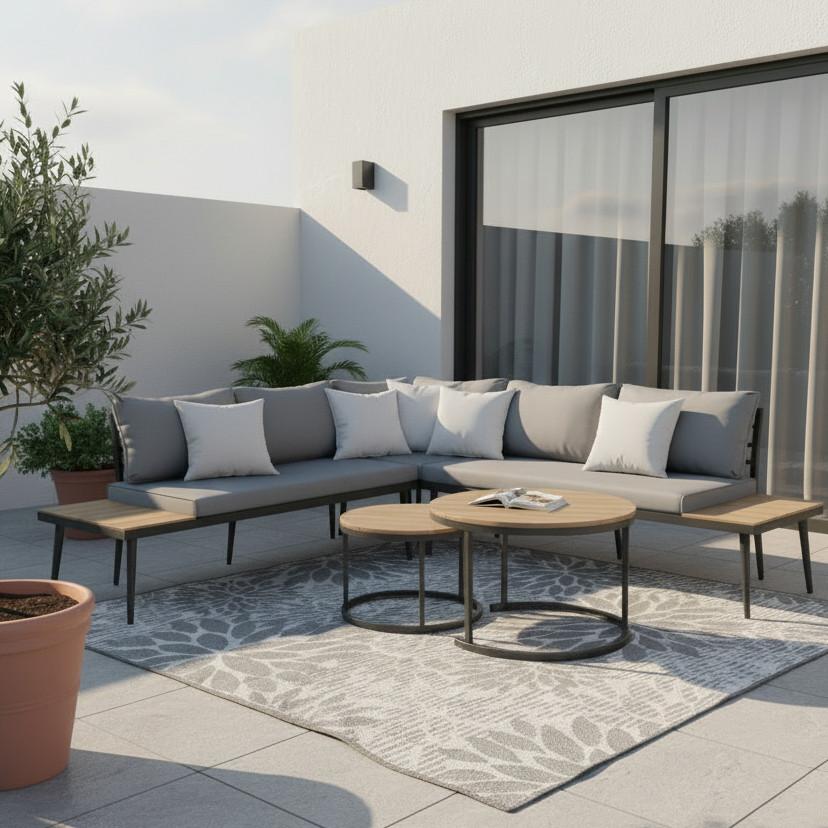 Loungegarnitur-Set Lorena Grau aus Akazie/Metall/Textil - Schwarz/Grau, Modern, Holz/Textil (241/67/69cm) - Bessagi Garden