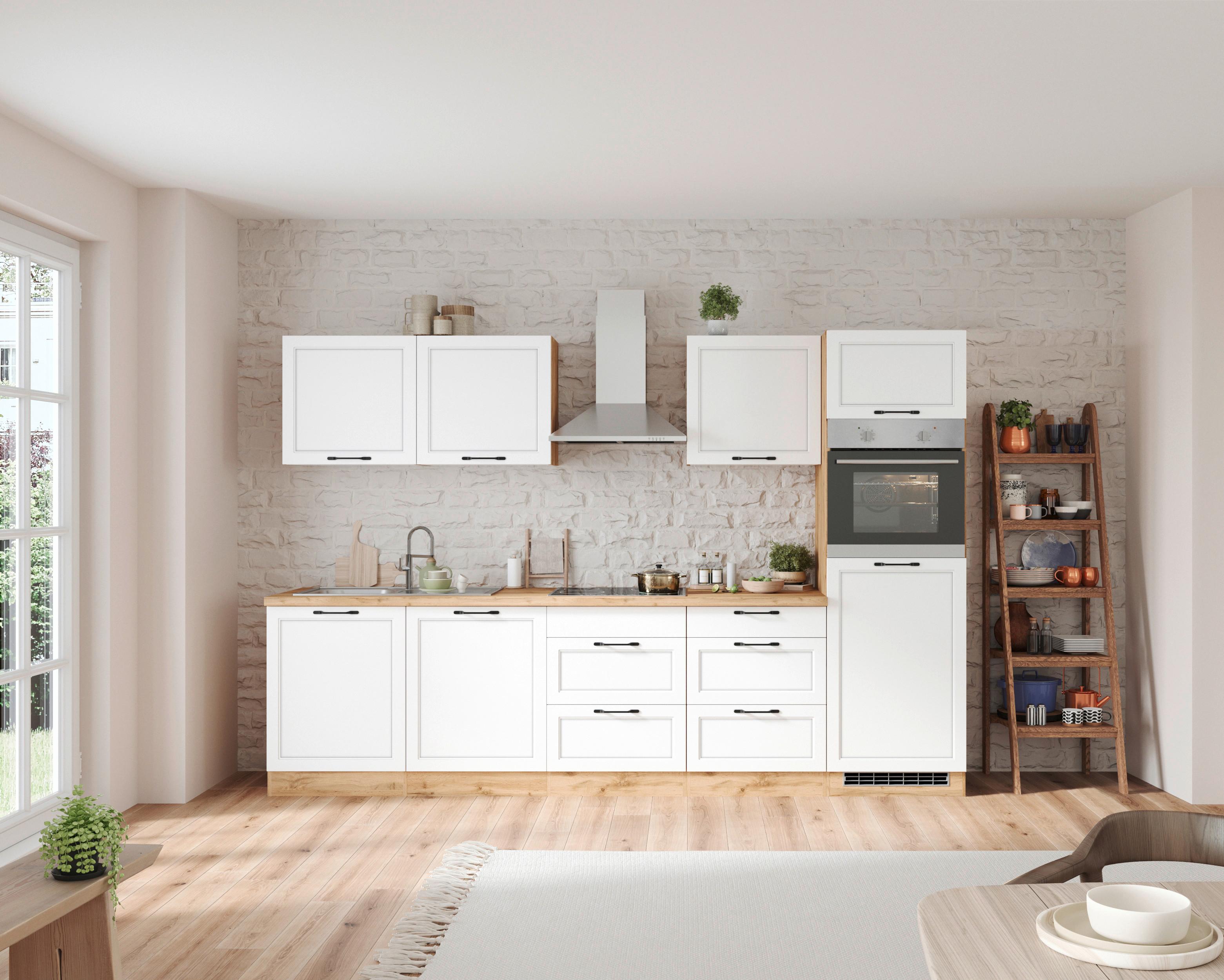 Küchenzeile Meran mit Geräten ca. 300 cm Weiß/Eiche Dekor - Eiche Wotan/Schwarz, LIFESTYLE, Holzwerkstoff/Metall (300cm) - Held