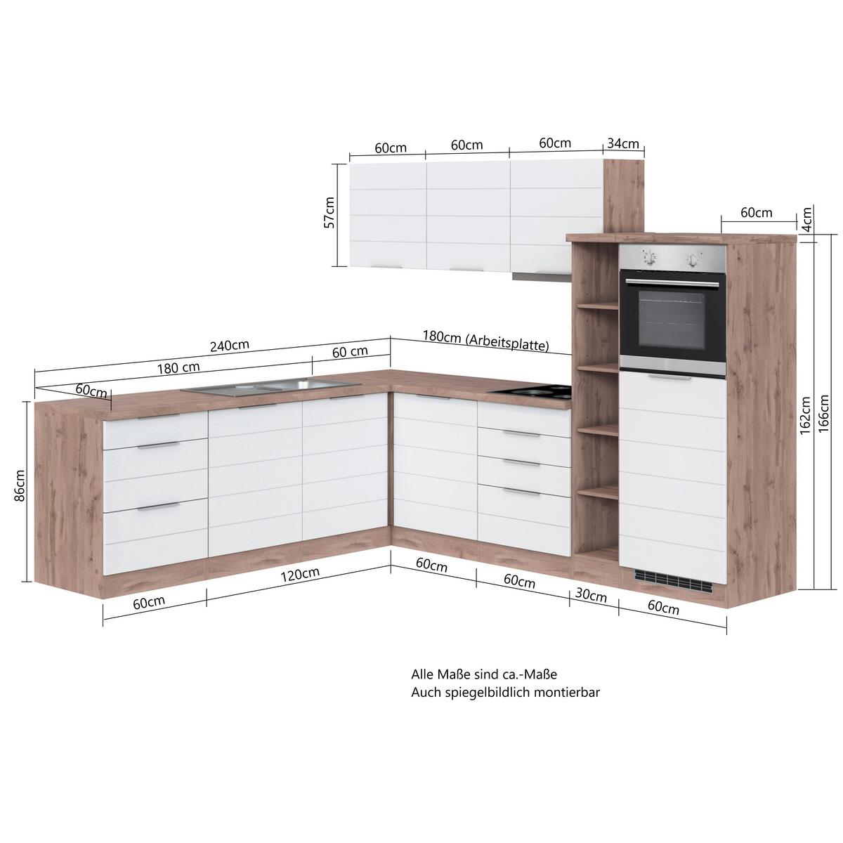 Eckküche Florenz ohne Geräte ca. 240x270 cm Weiß/Eiche - Eiche Wotan/Weiß, Design, Holzwerkstoff/Metall (240/270cm) - Held