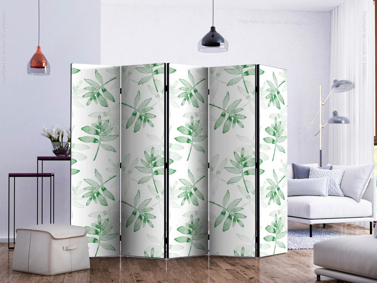 Paravan Watercolor Branches I, 5-Delni, Dvostranski - zelena/bela, Basics, tekstil/les (225/172/3cm) - artgeist
