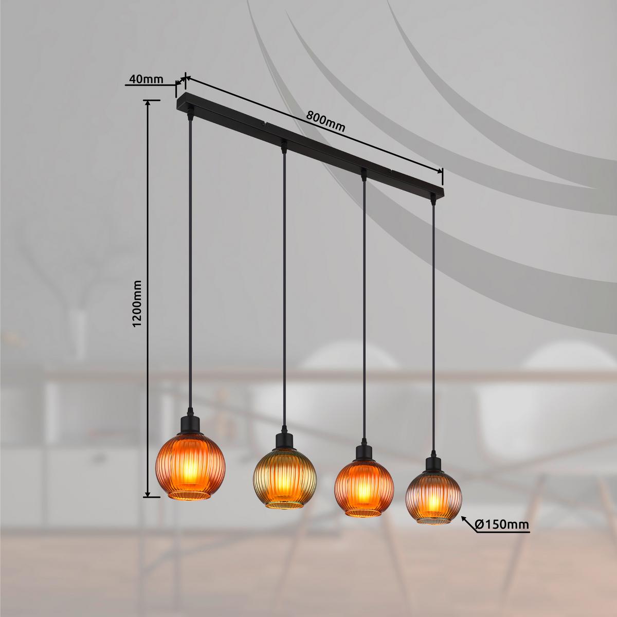 HÄNGELEUCHTE 15638-4 ZUMBA - Multicolor/Schwarz, Trend, Glas/Metall (90cm) - Globo