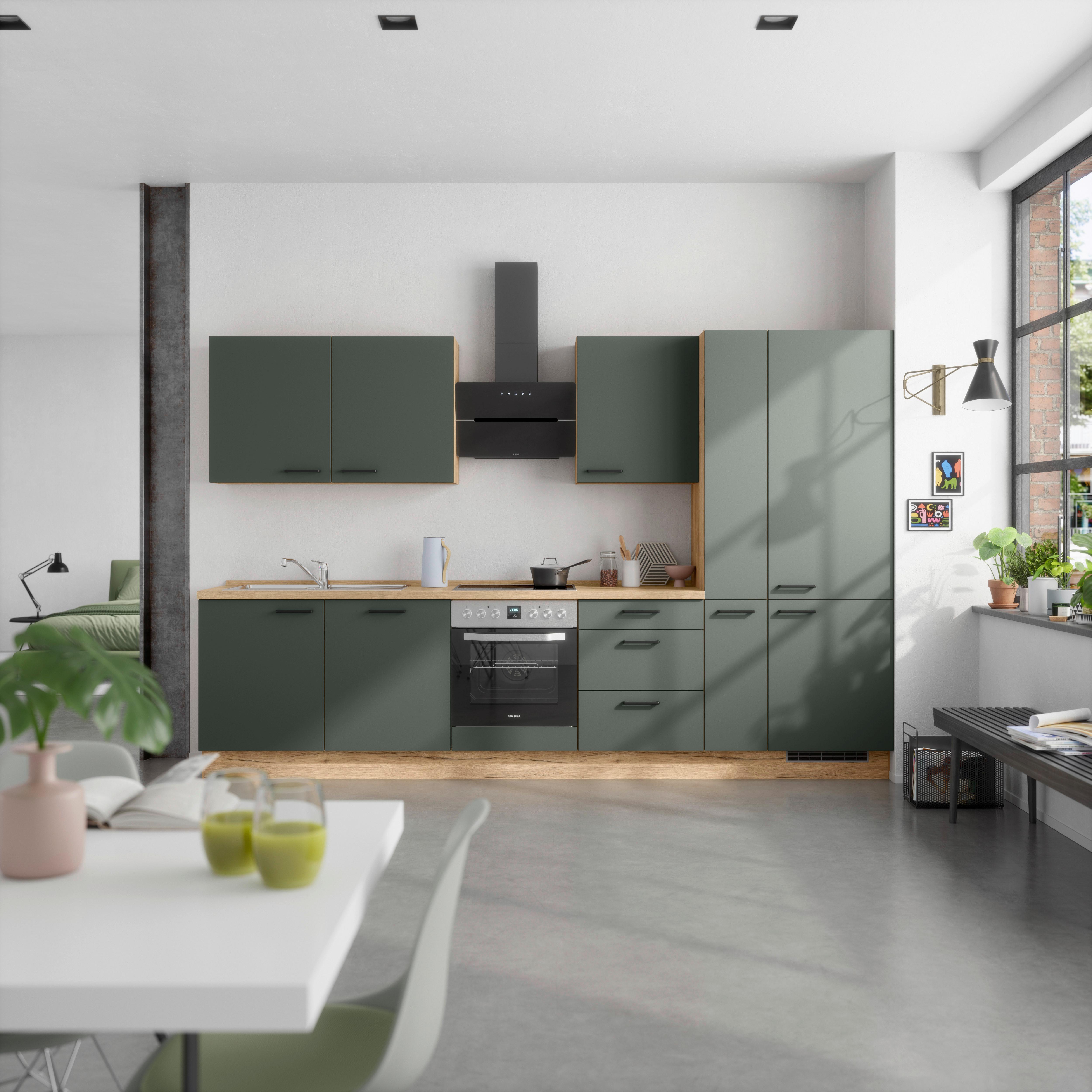 Küchenblock Easytouch High m. Geräten Dunkelgrün - Dunkelgrün/Eichefarben, MODERN, Holzwerkstoff/Metall (330cm) - Nobilia