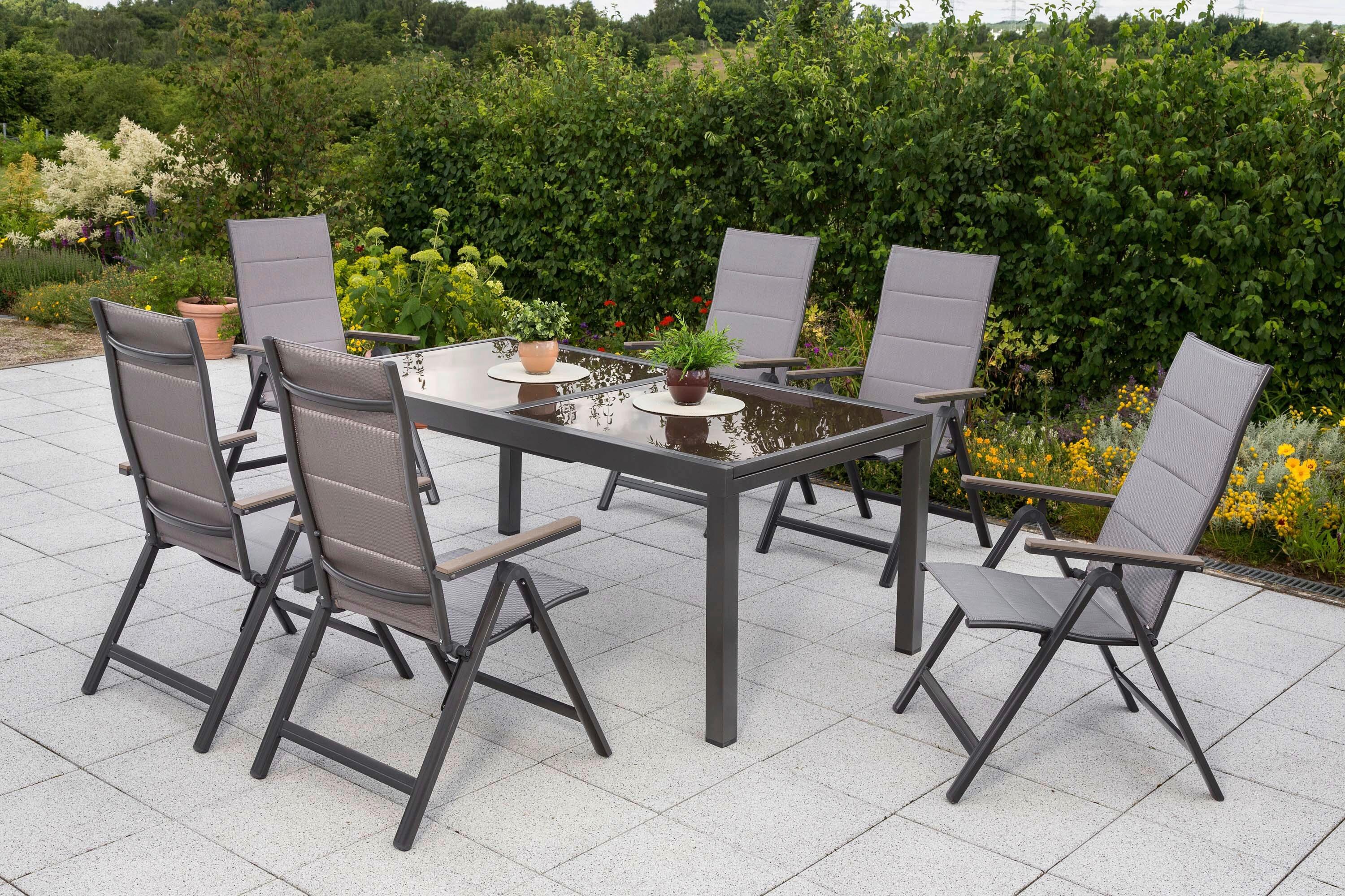 Gartentischgruppe Trivero 7-tlg. Graphitfarben/Braun - Graphitfarben/Braun, KONVENTIONELL, Glas/Kunststoff - Gardenson