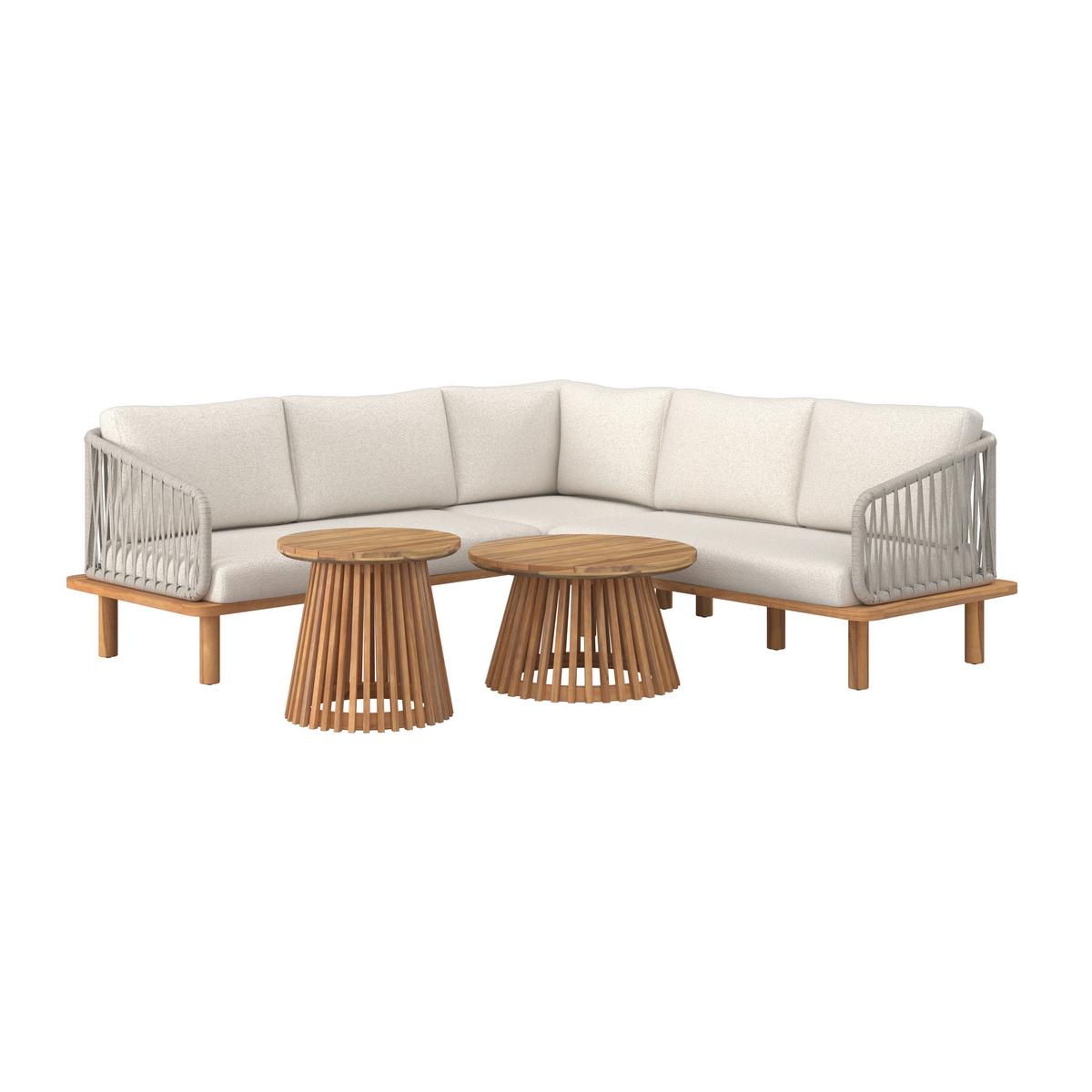 Loungegarnitur Mara Holz Outdoorstoff/Metall +Abdeckung - Creme/Teakfarben, MODERN, Holz/Textil (190/62,5/70cm) - Bessagi Garden