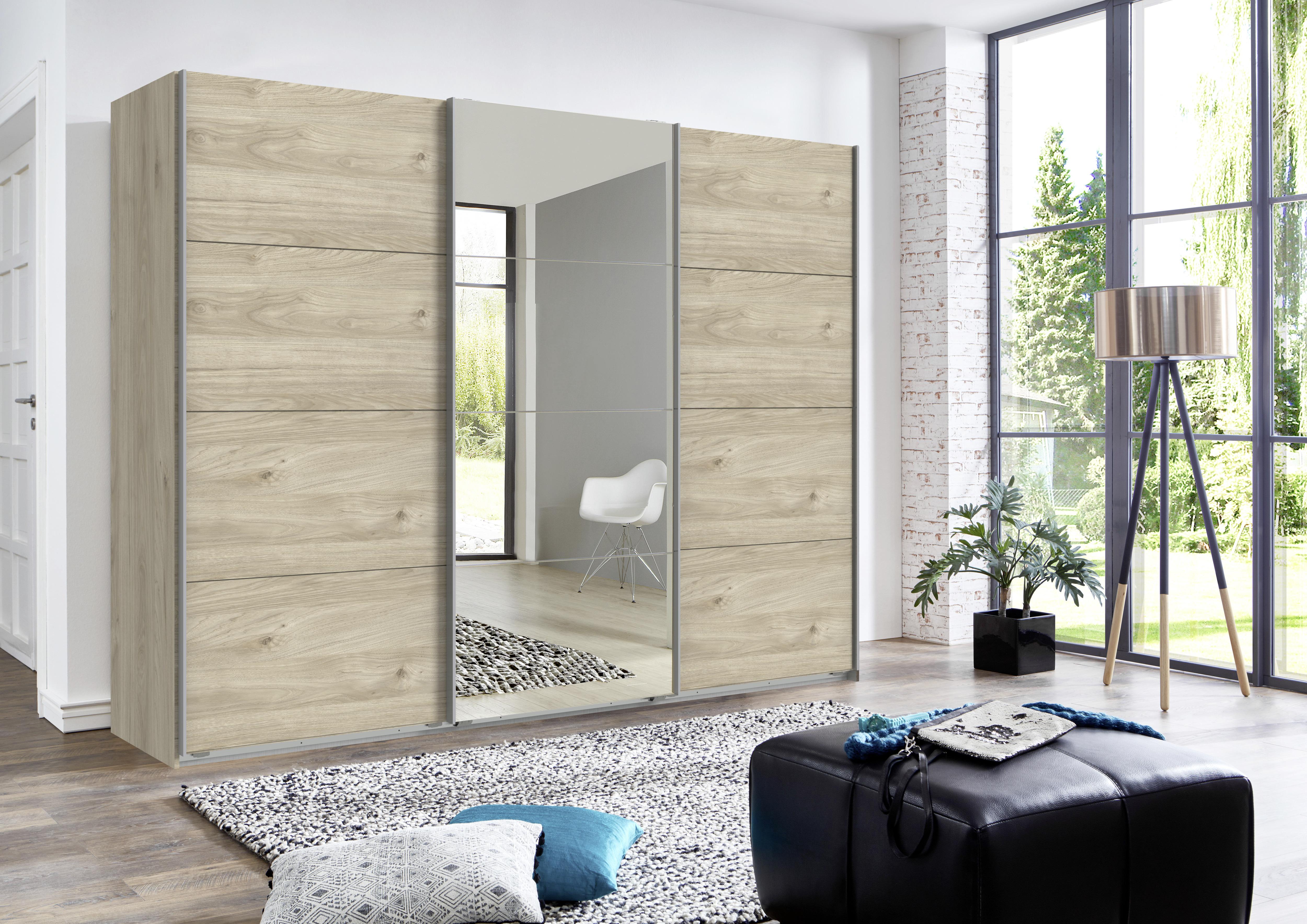 Omara Z Drsnimi Vrati Ernie, Barva Hrasta, Z Ogledalom - barve hrasta/barve aluminija, Basics, kovina/leseni material (270/210/65cm) - MID.YOU