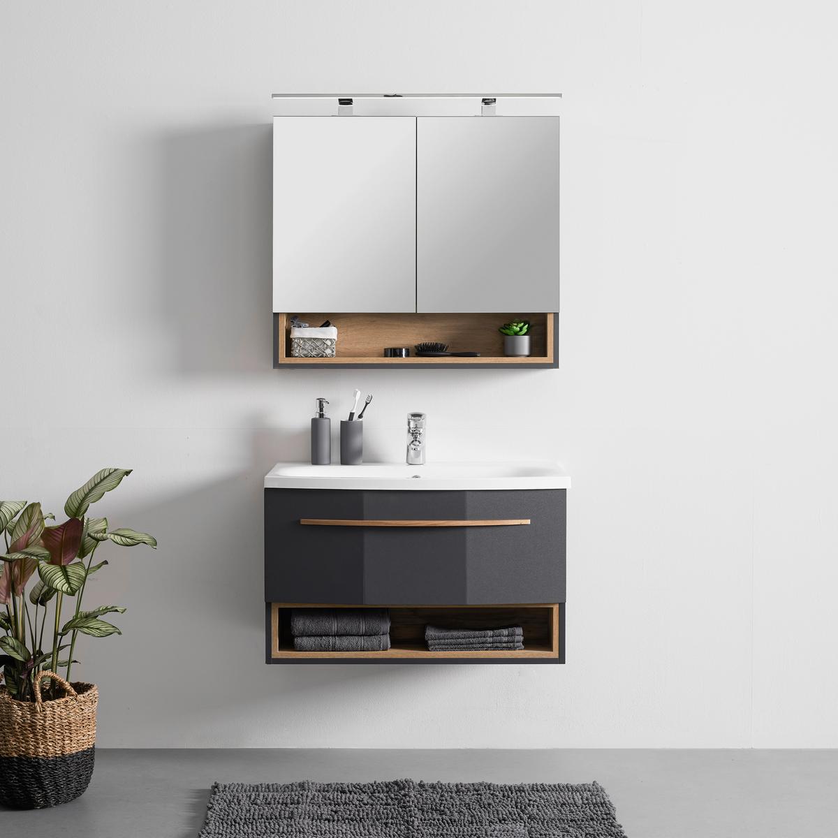 Waschtischkombi "Atlanta" mit Waschbecken & Spiegelschrank - Weiss/Dunkelgrau, Modern, Holz (80/180/50cm) - Bessagi Home